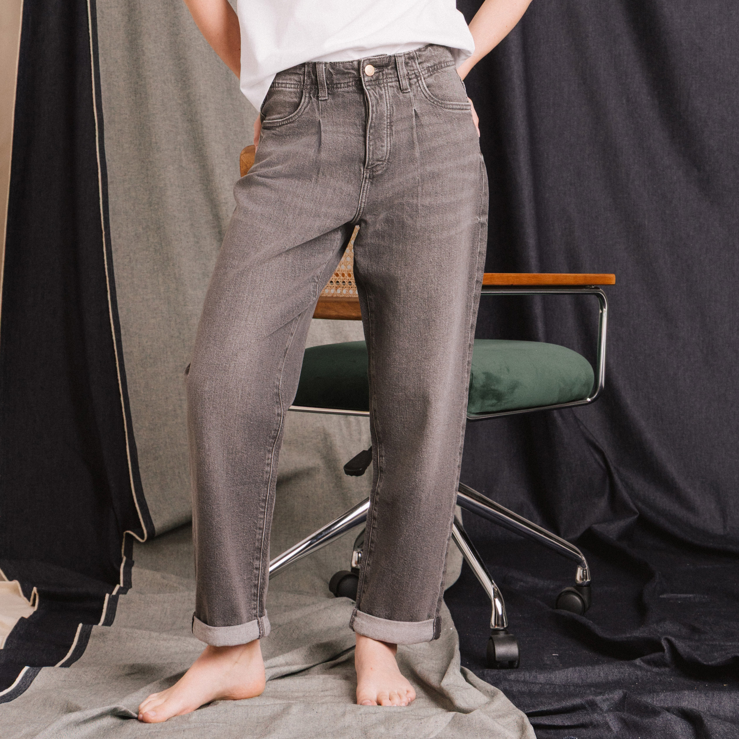 Pantalon mom taille haute 7/8&egrave;me denim denim gris femme