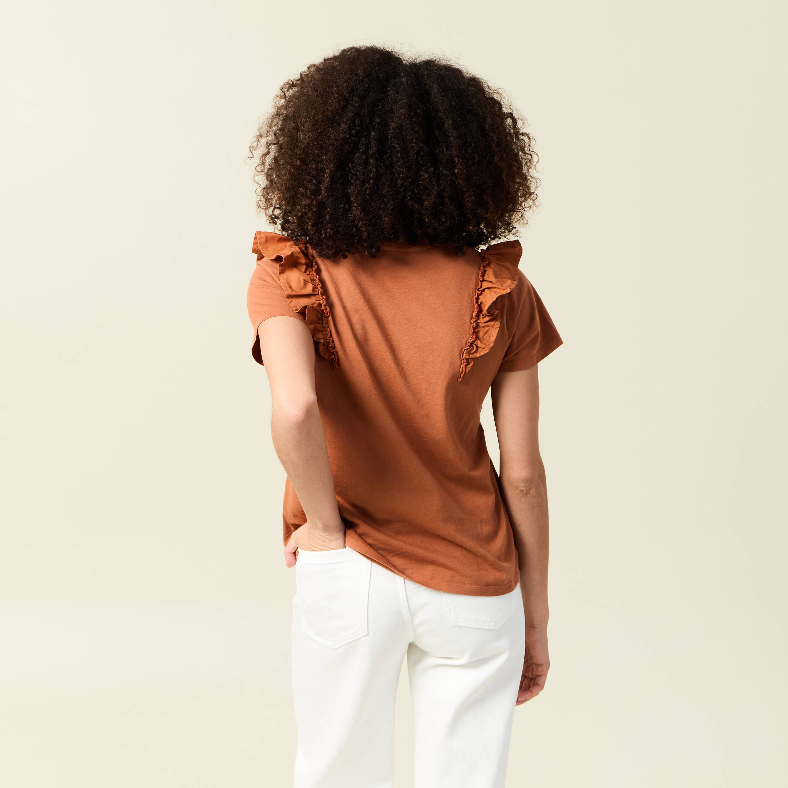 t shirt en coton manches courtes marron cognac femme T-shirt en coton manches courtes marron cognac femme