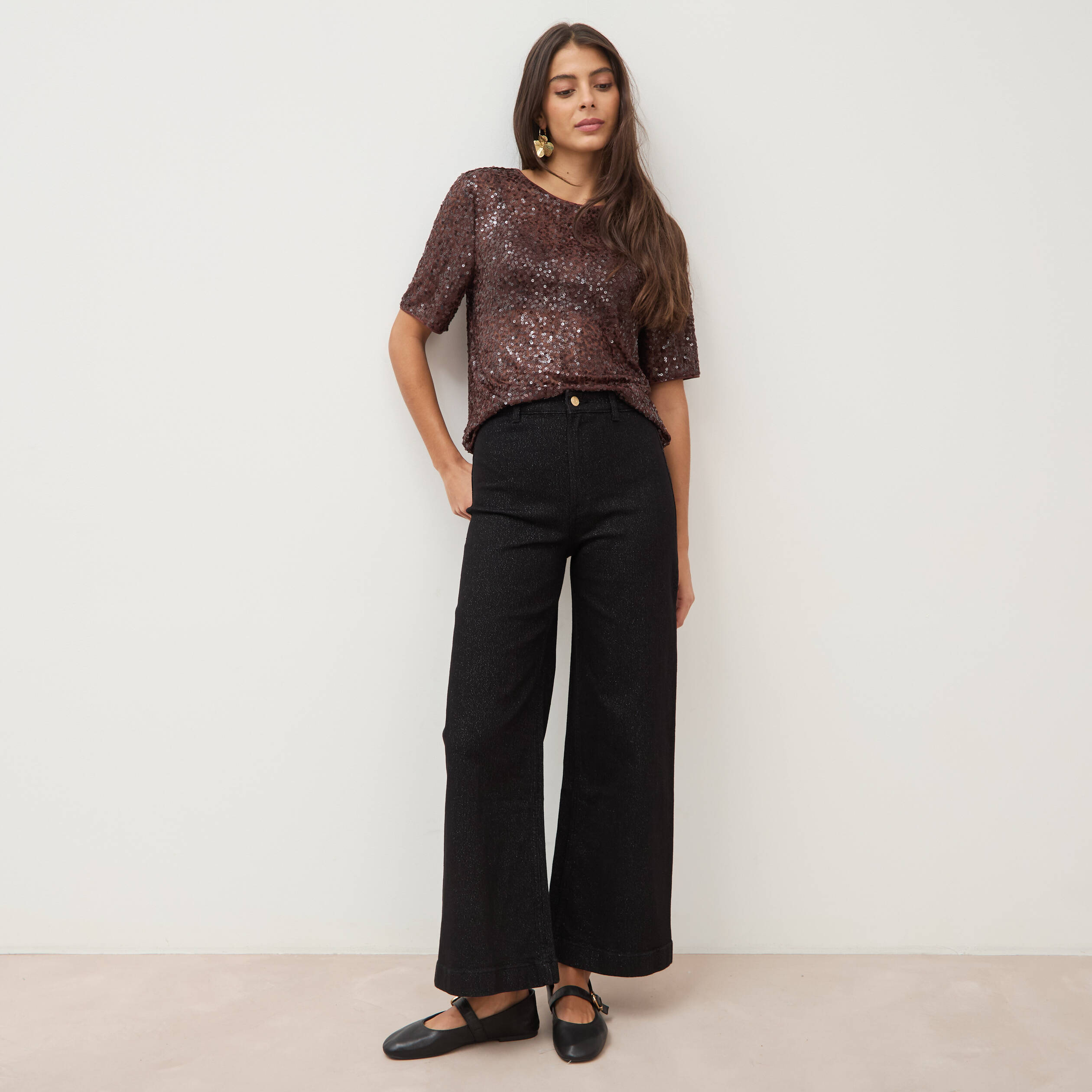 Jeans large taille haute denim noir femme