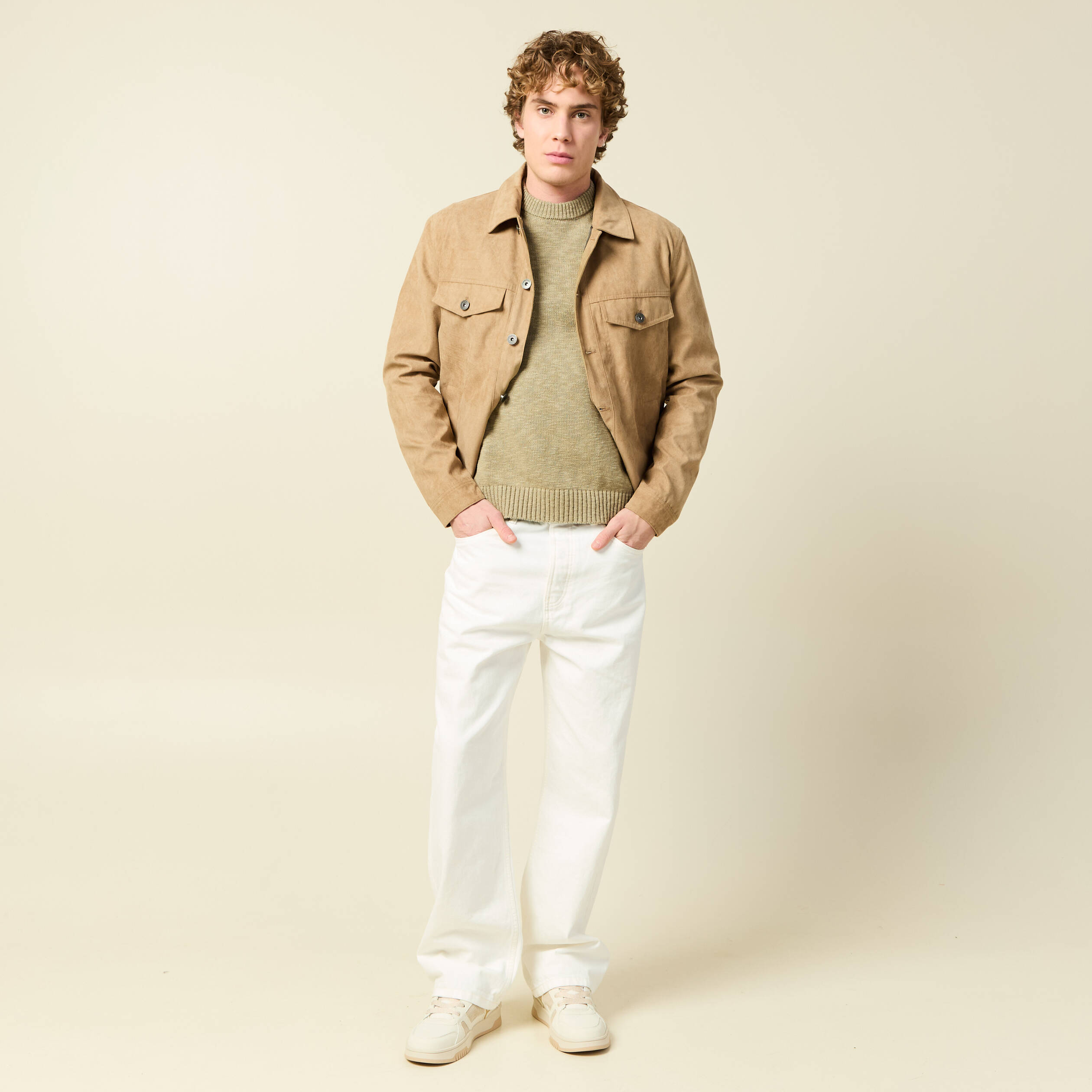Pull col rond manches longues en coton beige fonce homme