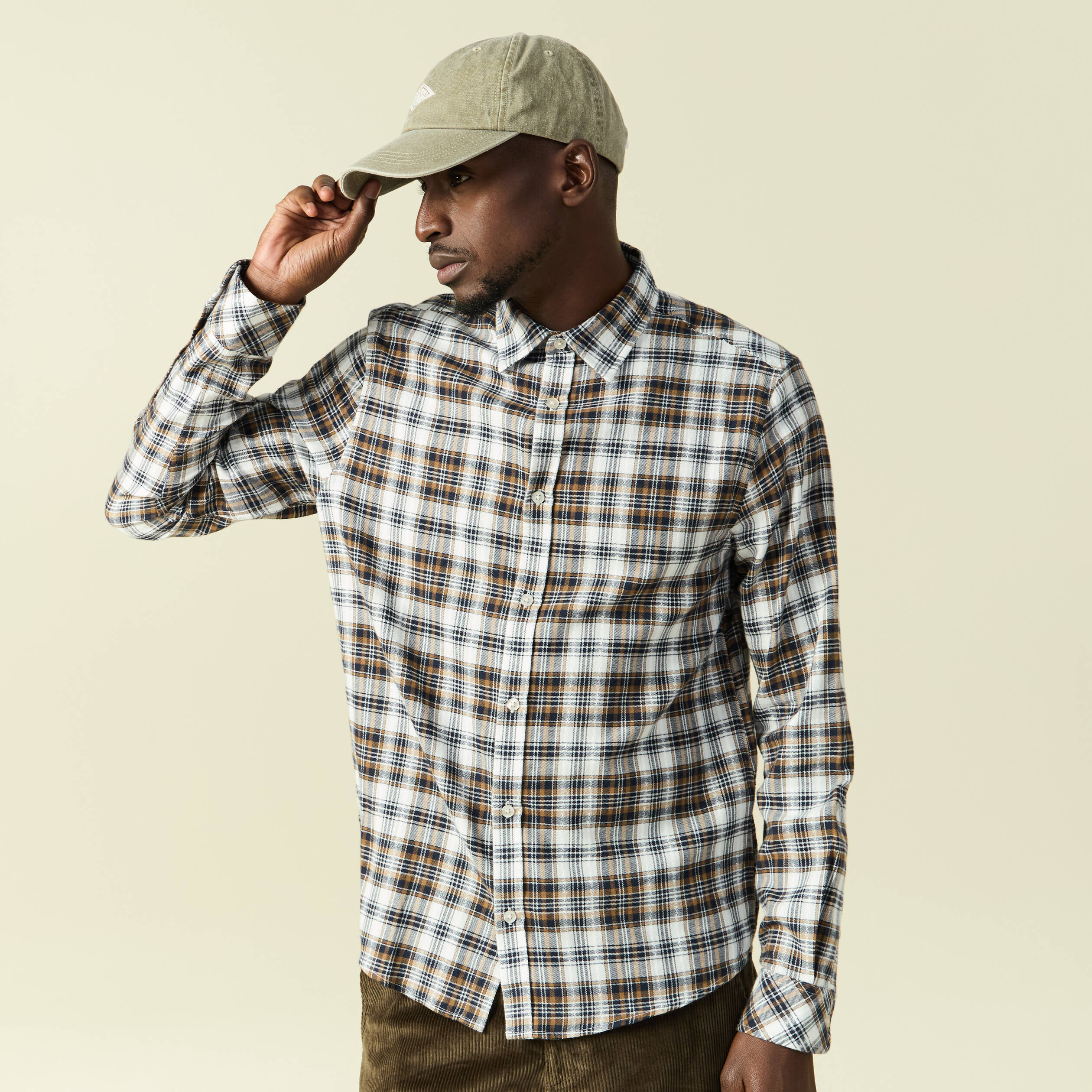 Chemise manches longues en coton vert kaki homme