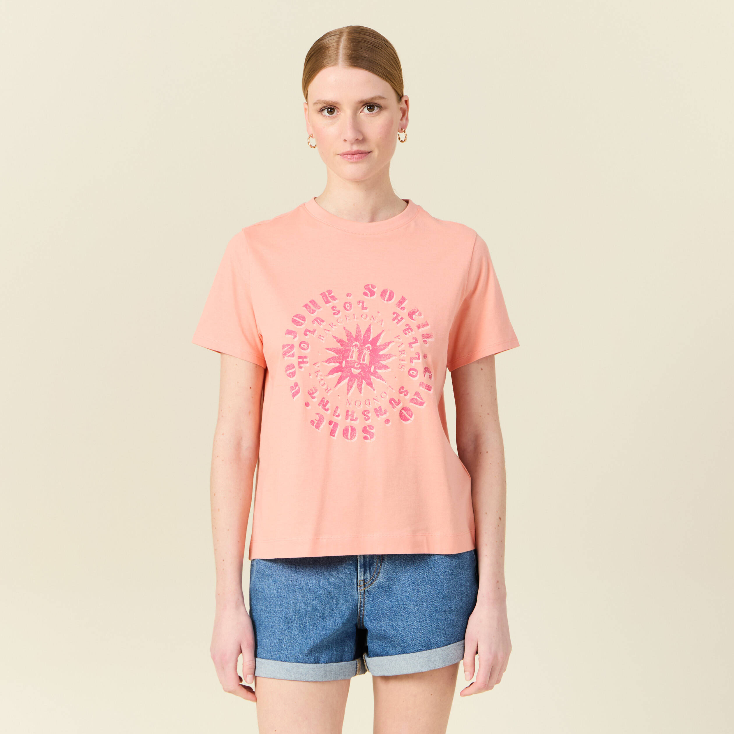 T-shirt en coton manches courtes rose corail femme