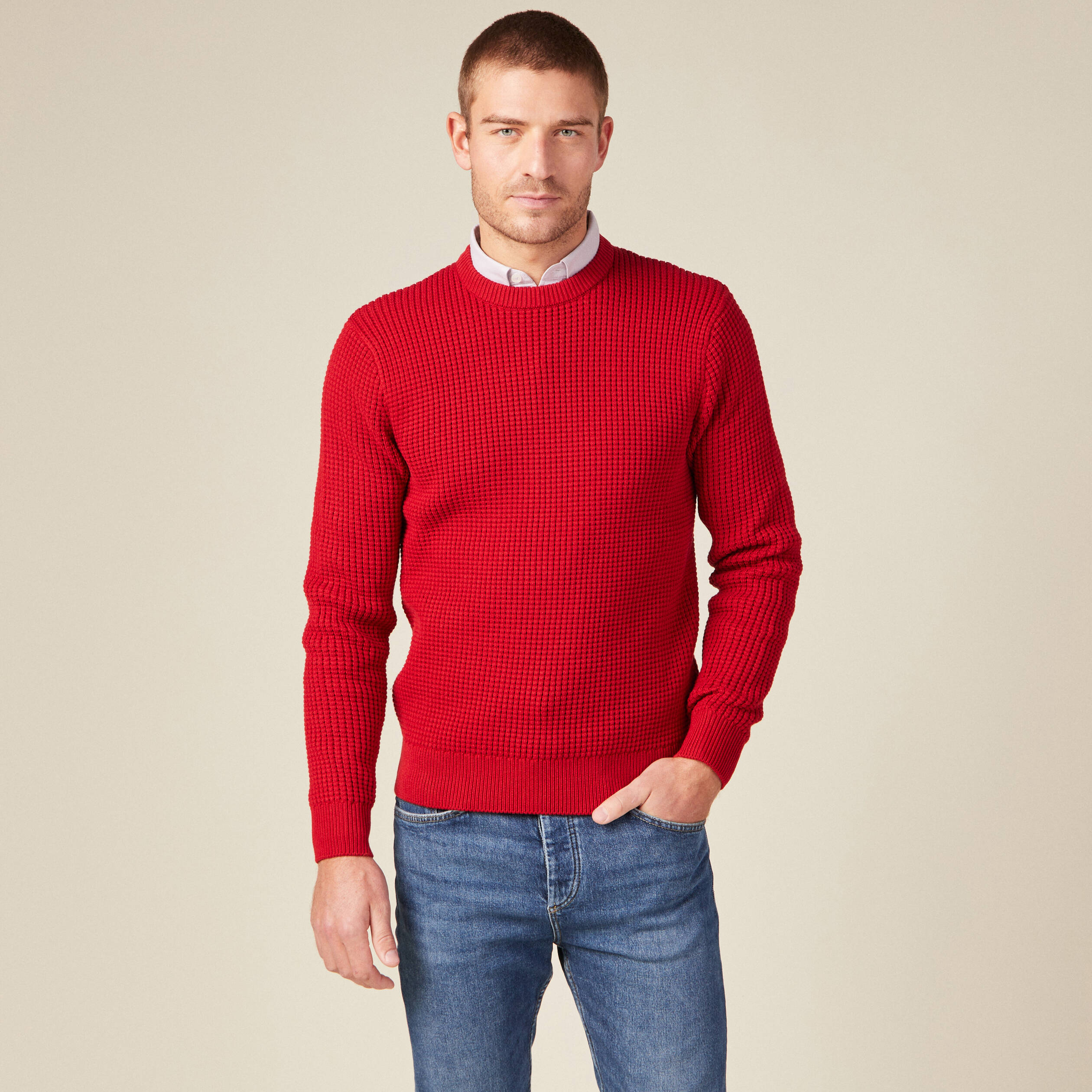 Pull manches longues col rond rouge fonc&eacute; homme