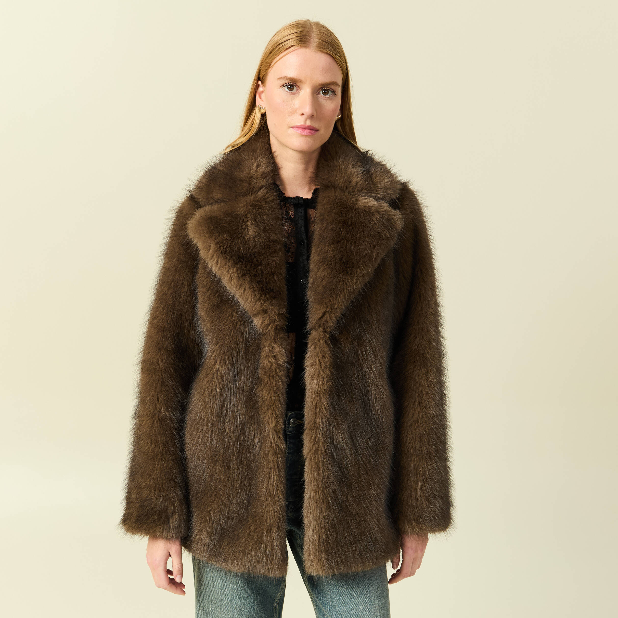 Manteau manches longues doubl&eacute; marron femme