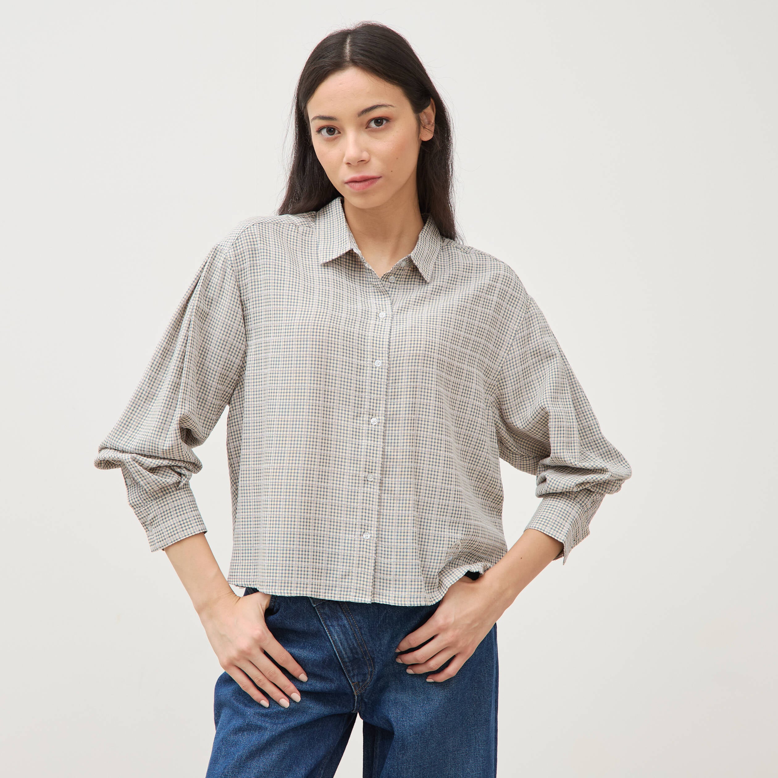Chemise droite manches longues ray&eacute;e bleu gris femme