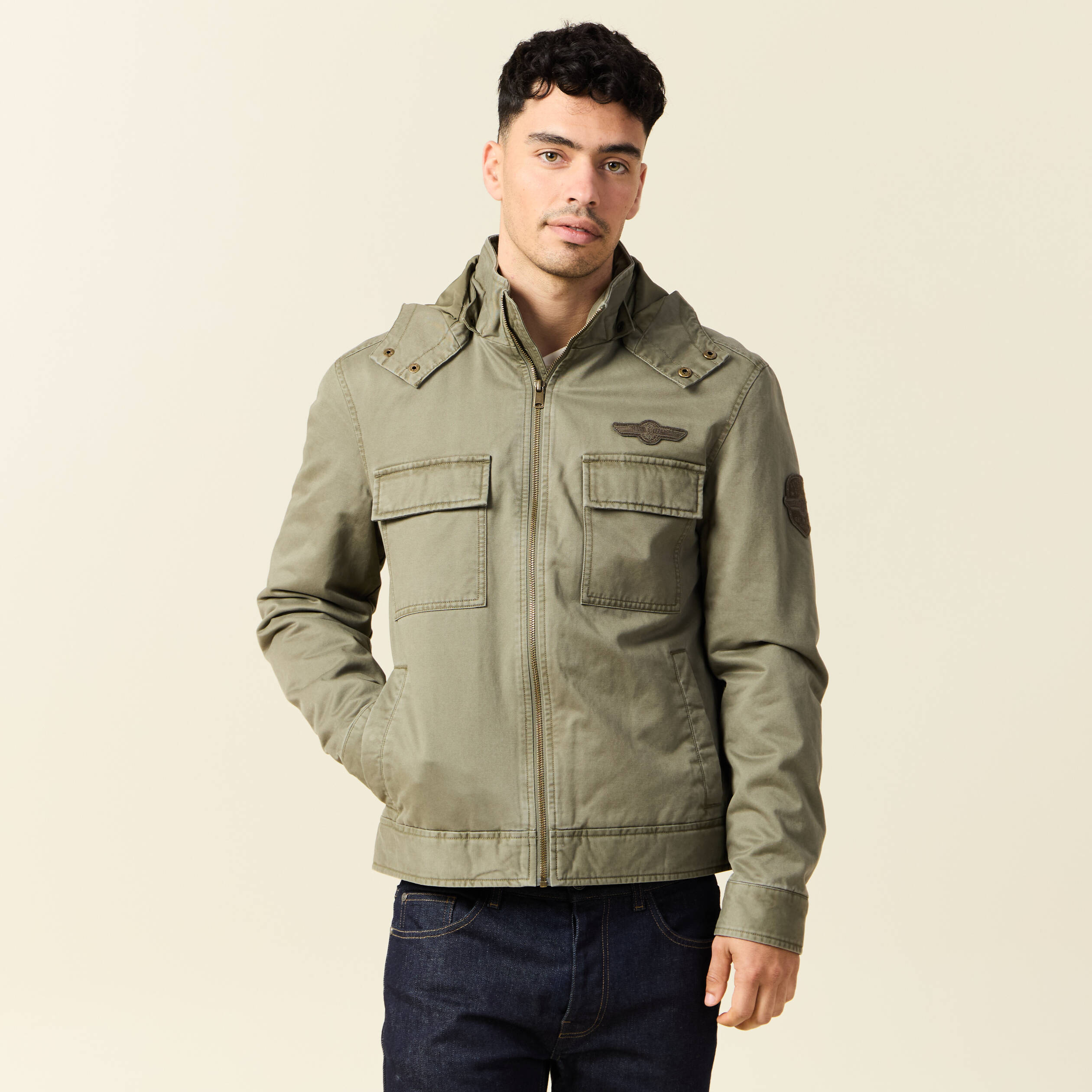 blouson col montant a capuche vert kaki homme Blouson col montant à capuche vert kaki homme