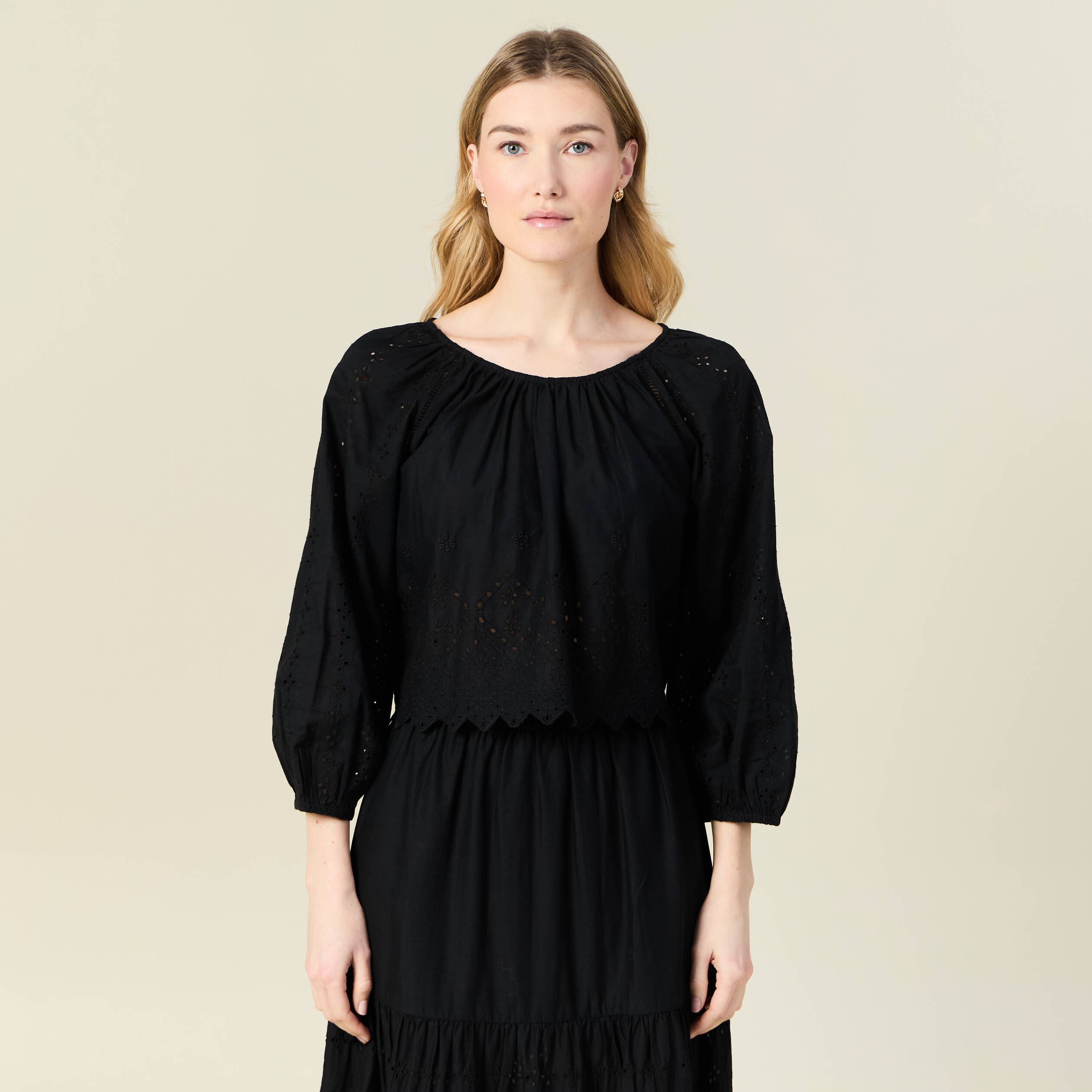 blouse manches 34 brodee noir femme Blouse manches 3/4 brodée noir femme