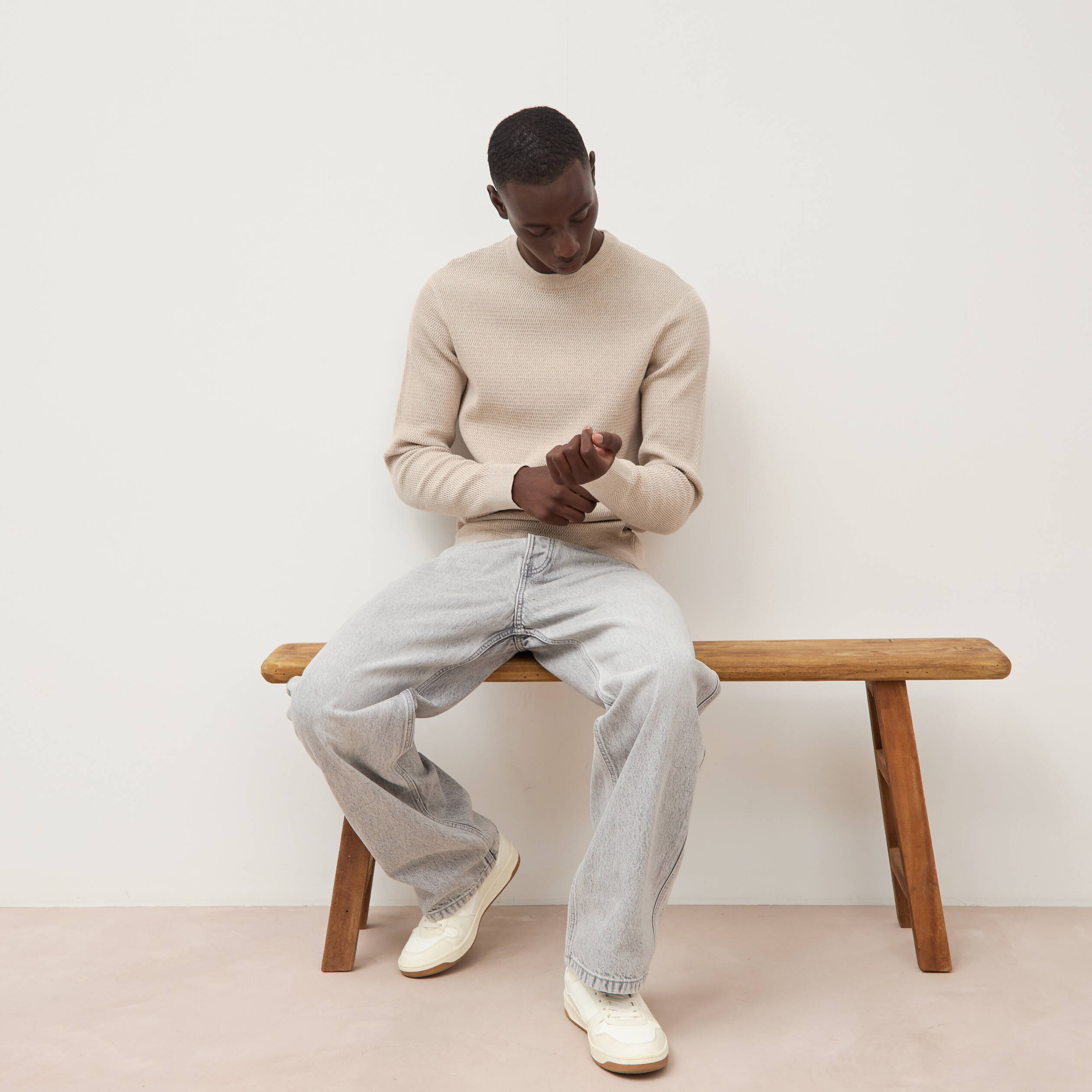 Pull droit manches longues sable homme