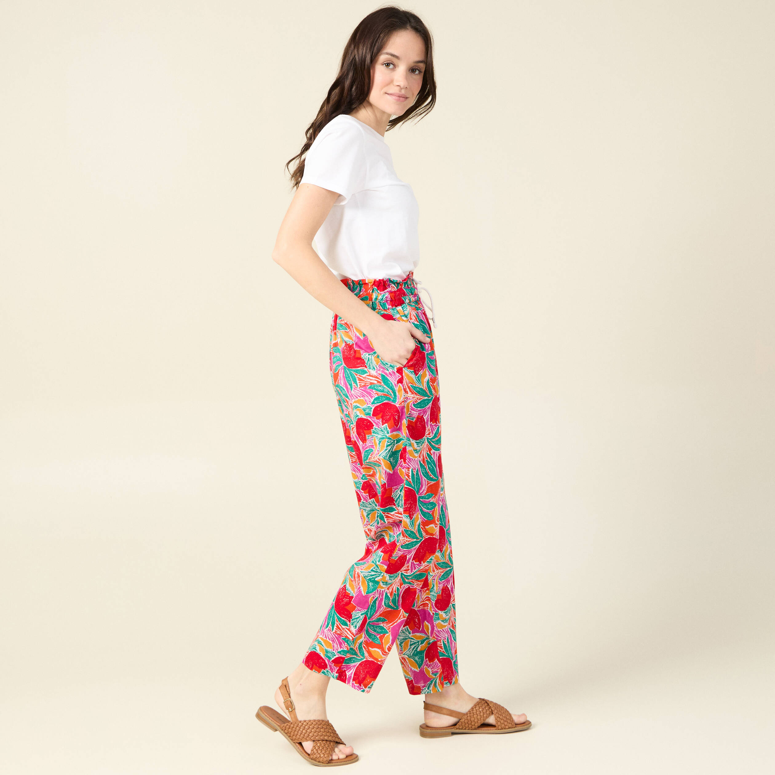 pantalon carotte taille haute multicolore femme Pantalon carotte taille haute multicolore femme