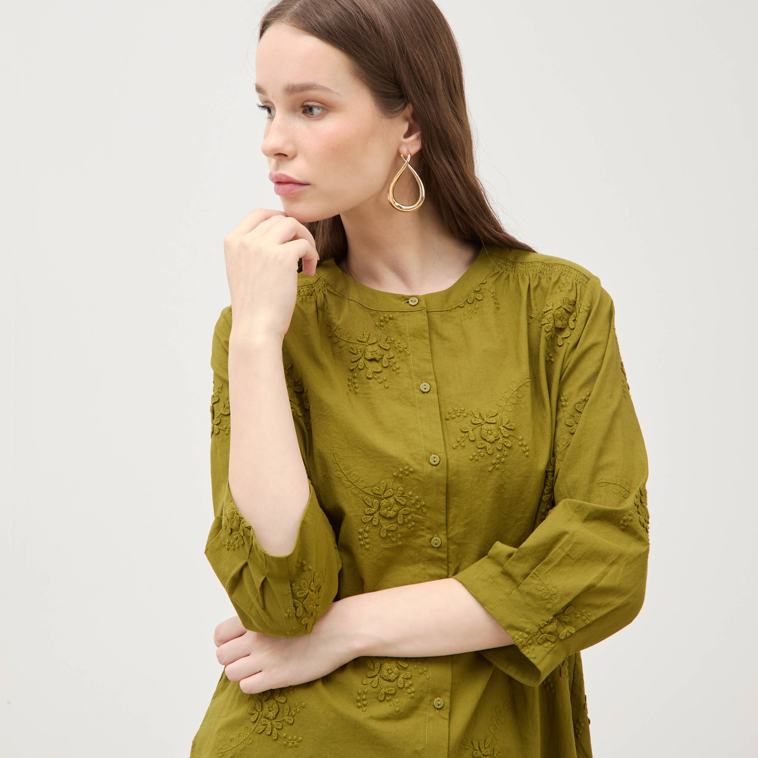 Chemise en coton manches 3/4 vert kaki femme