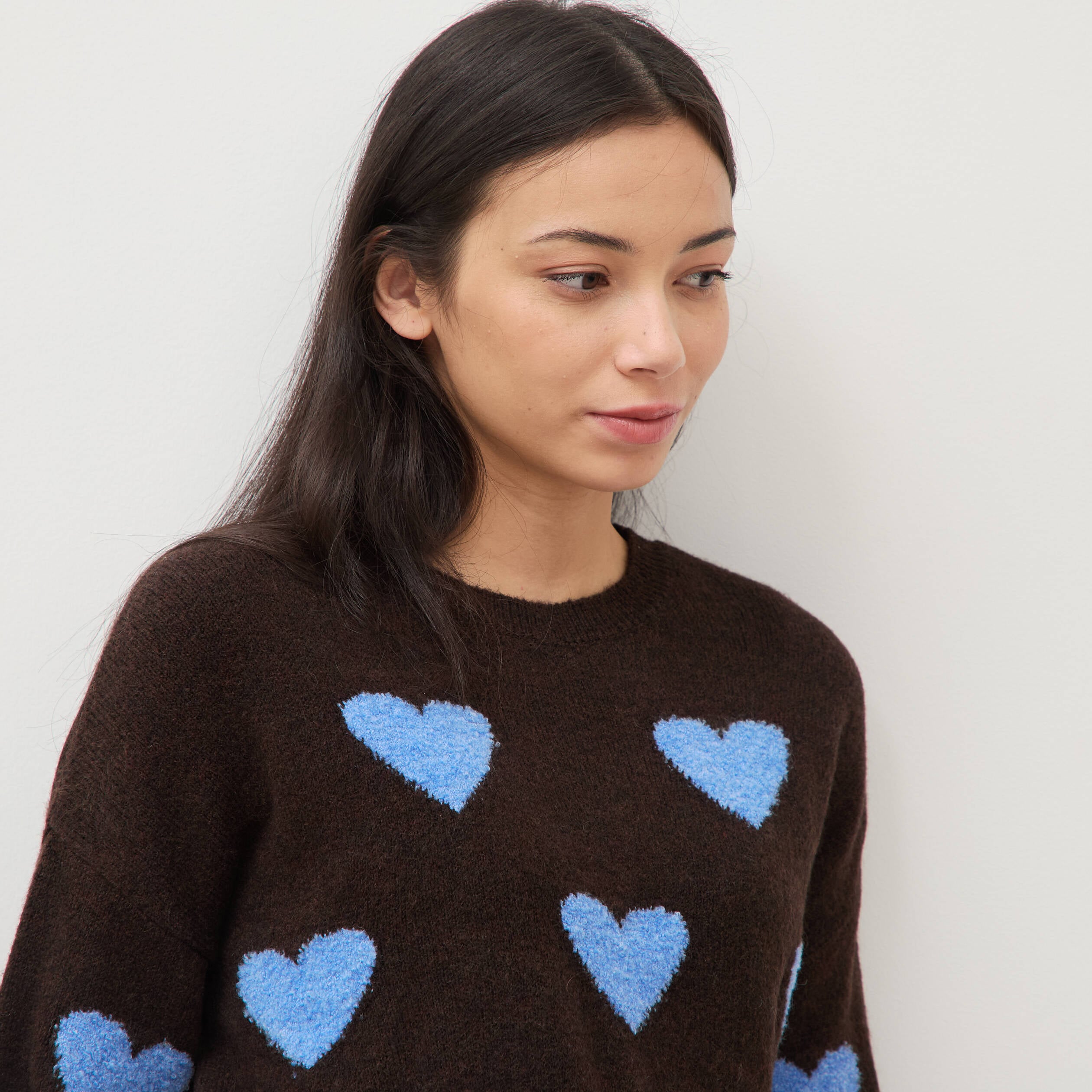 Pull manches longues bouclette col rond marron femme
