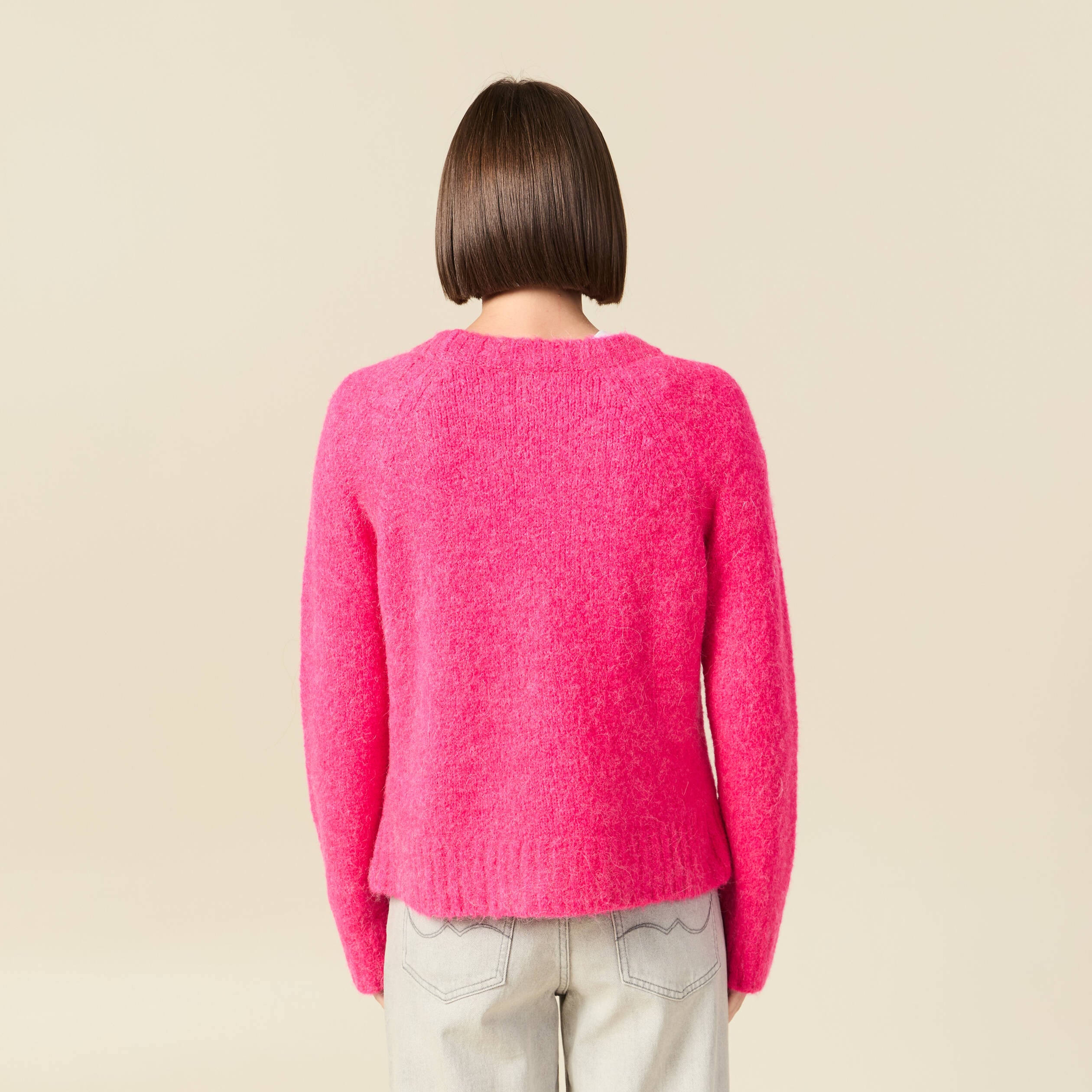 Pull manches longues col rond rose femme