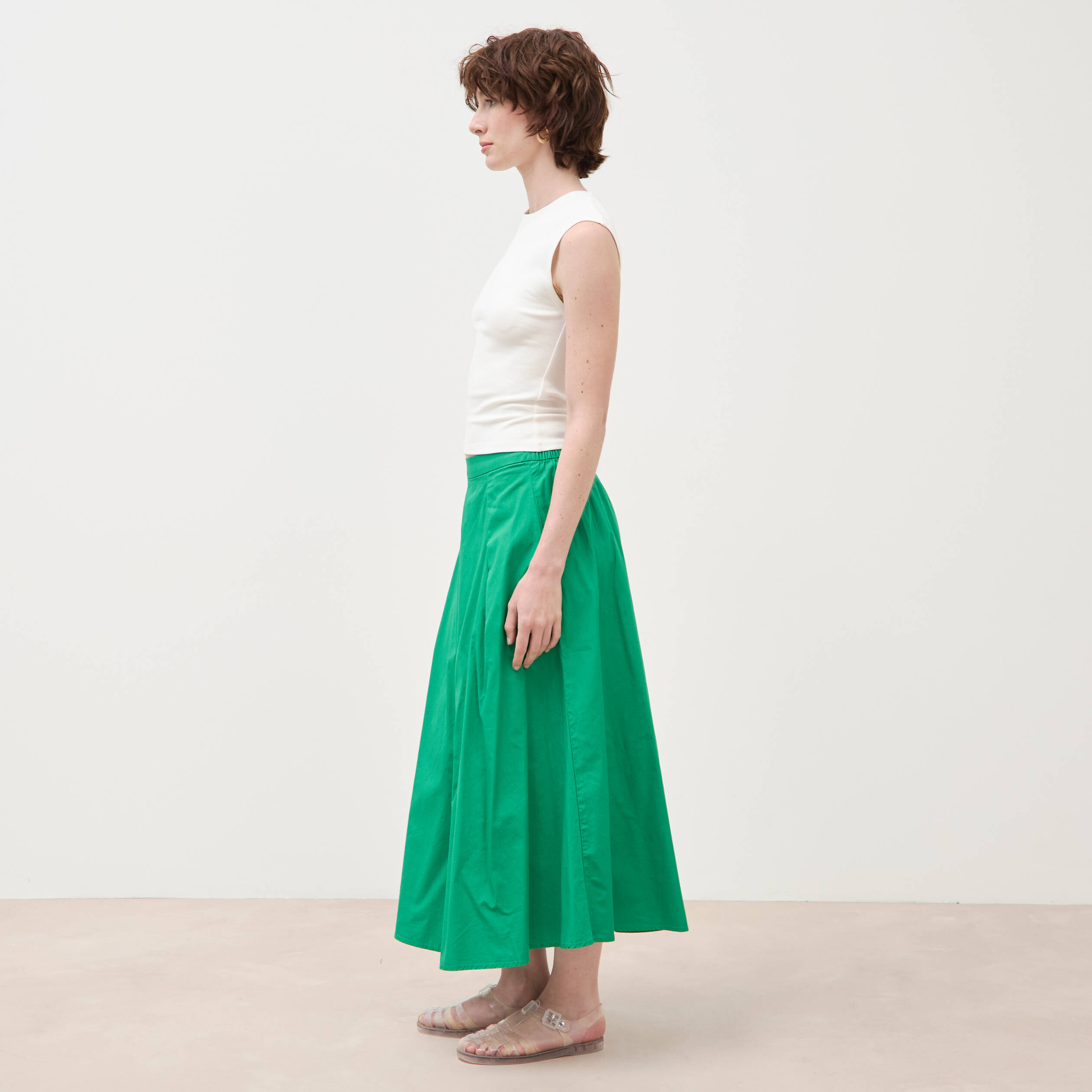 Jupe longue &eacute;vas&eacute;e en coton ray&eacute; vert femme