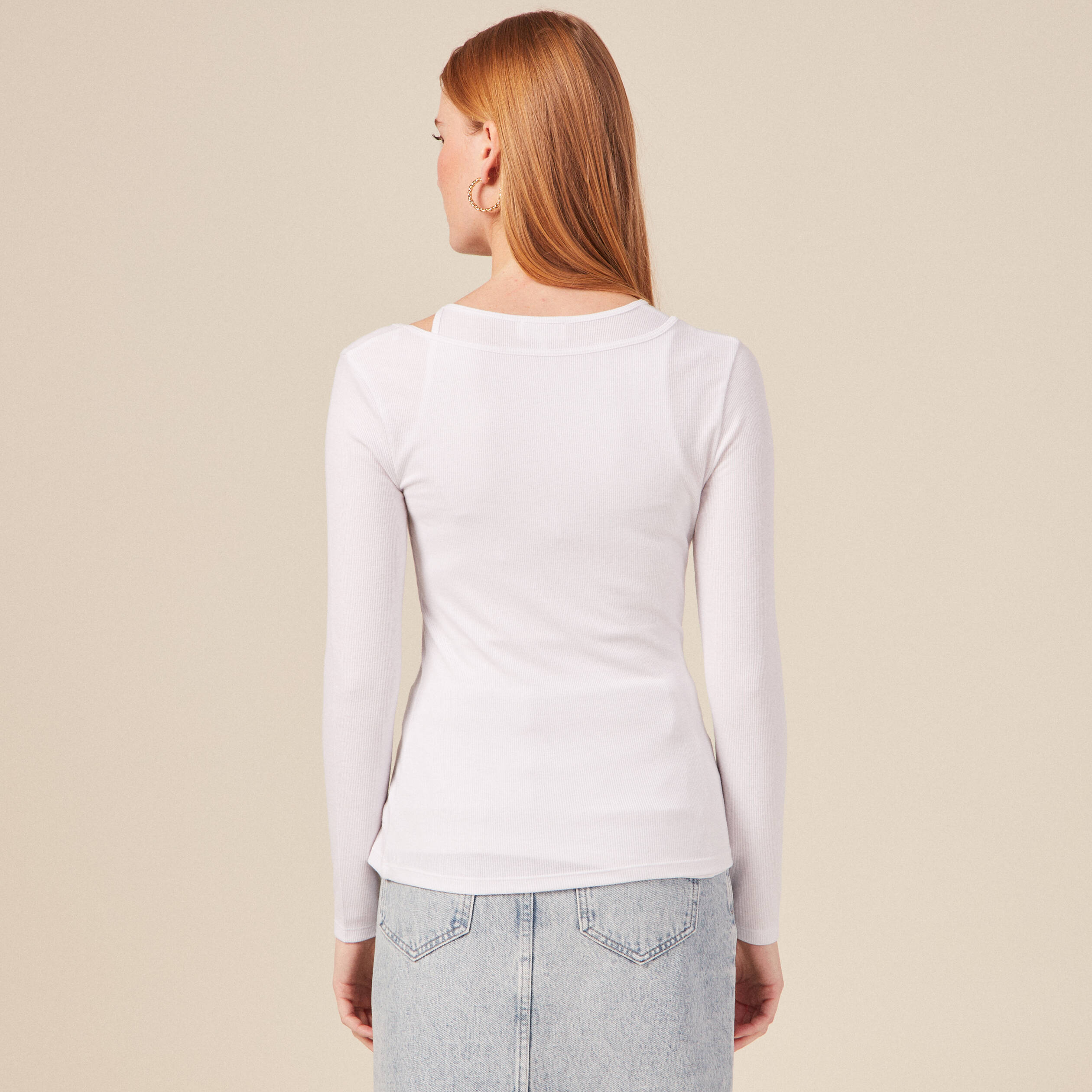 T-shirt ajust&eacute; d&eacute;collet&eacute; manches longues blanc femme