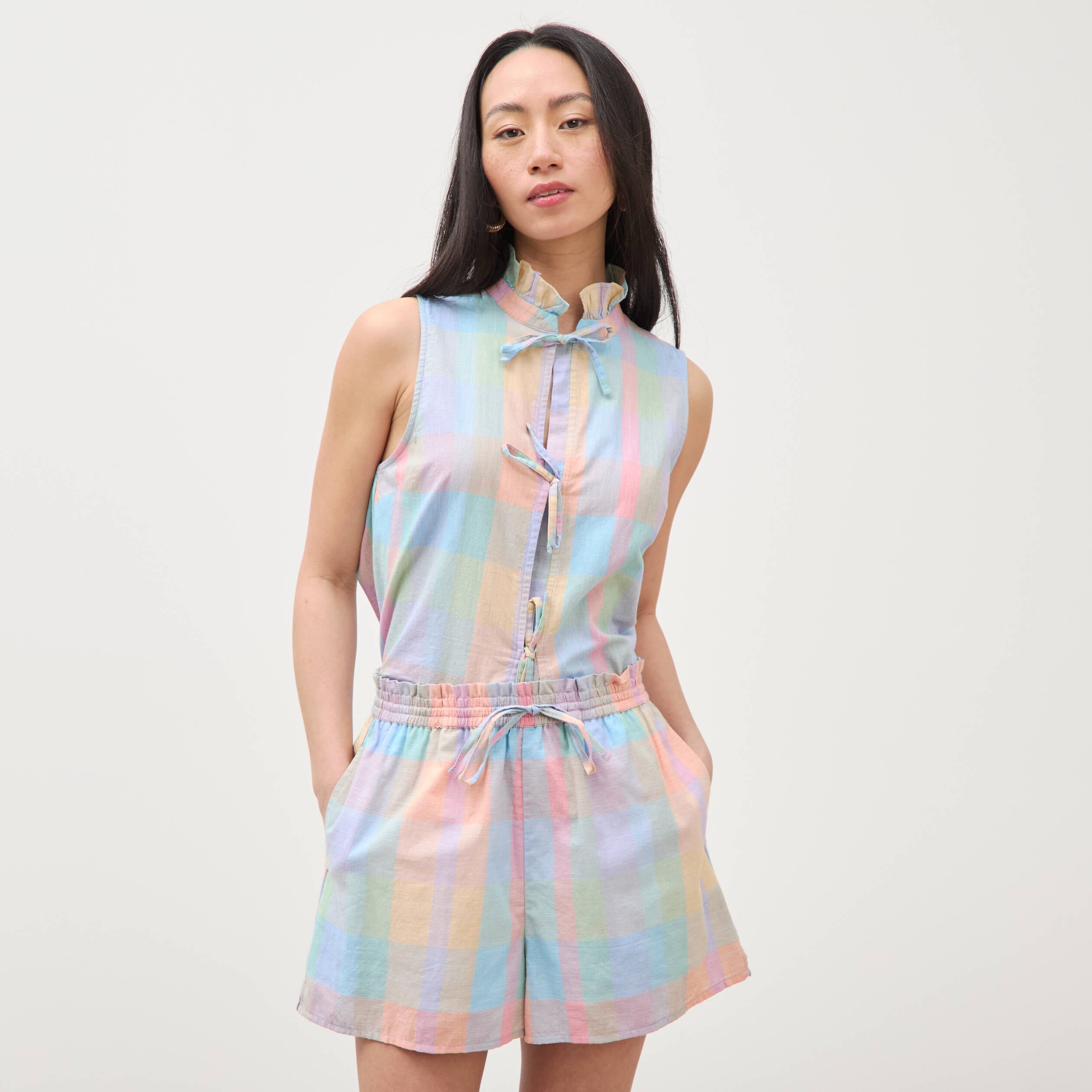 Short &agrave; carreaux en coton doubl&eacute; multicolore femme