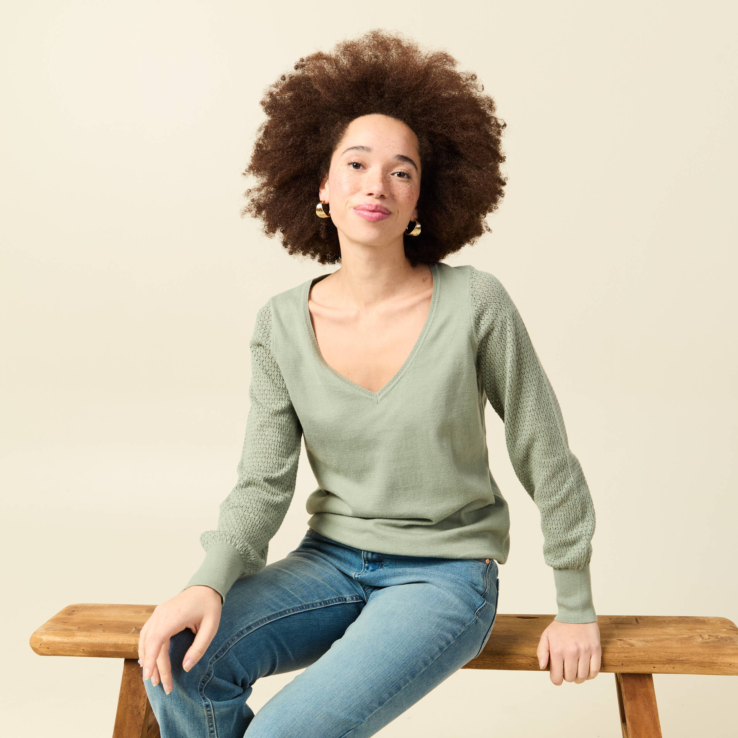 Pull manches longues vert kaki femme