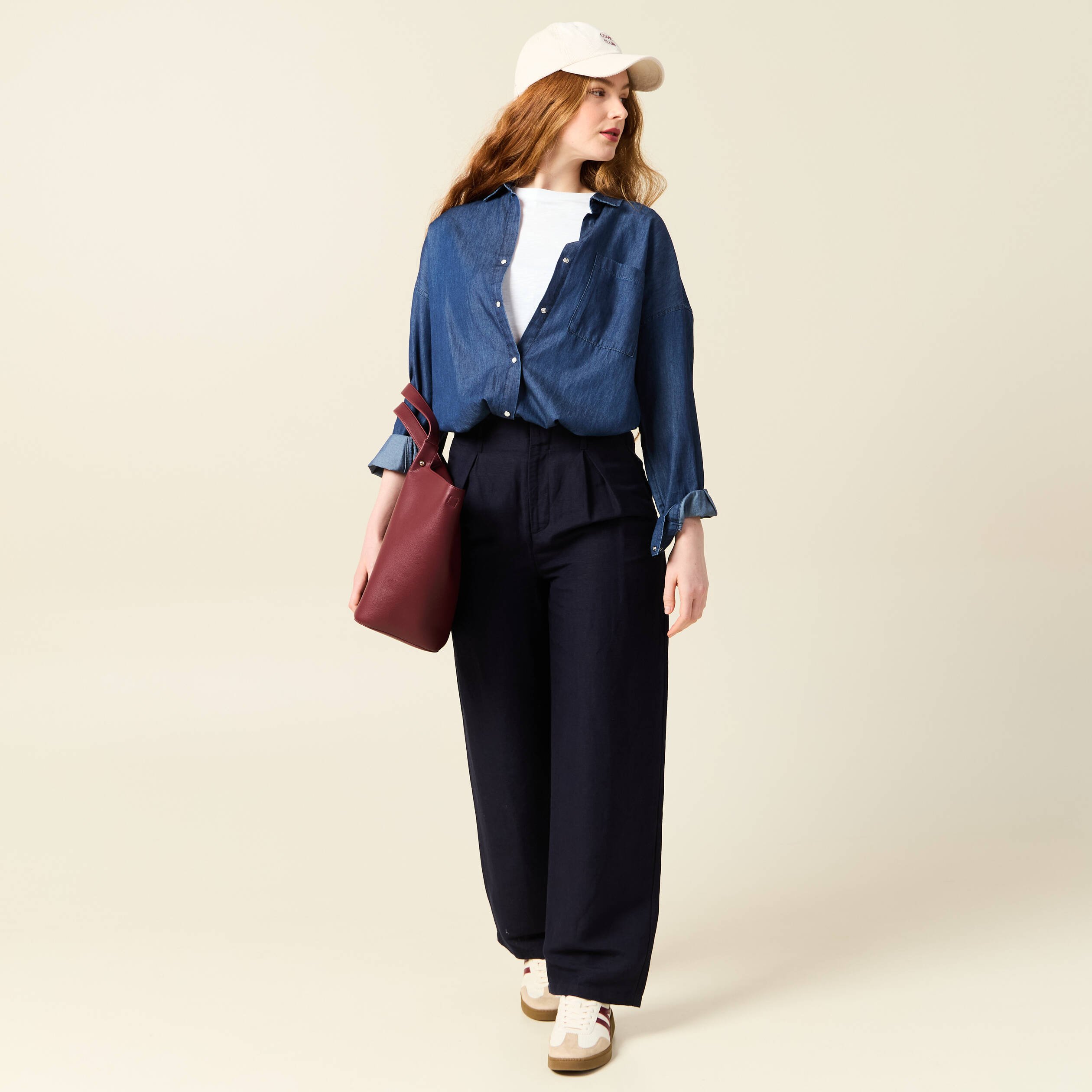 pantalon large a pinces bleu fonce femme Pantalon large à pinces bleu foncé femme