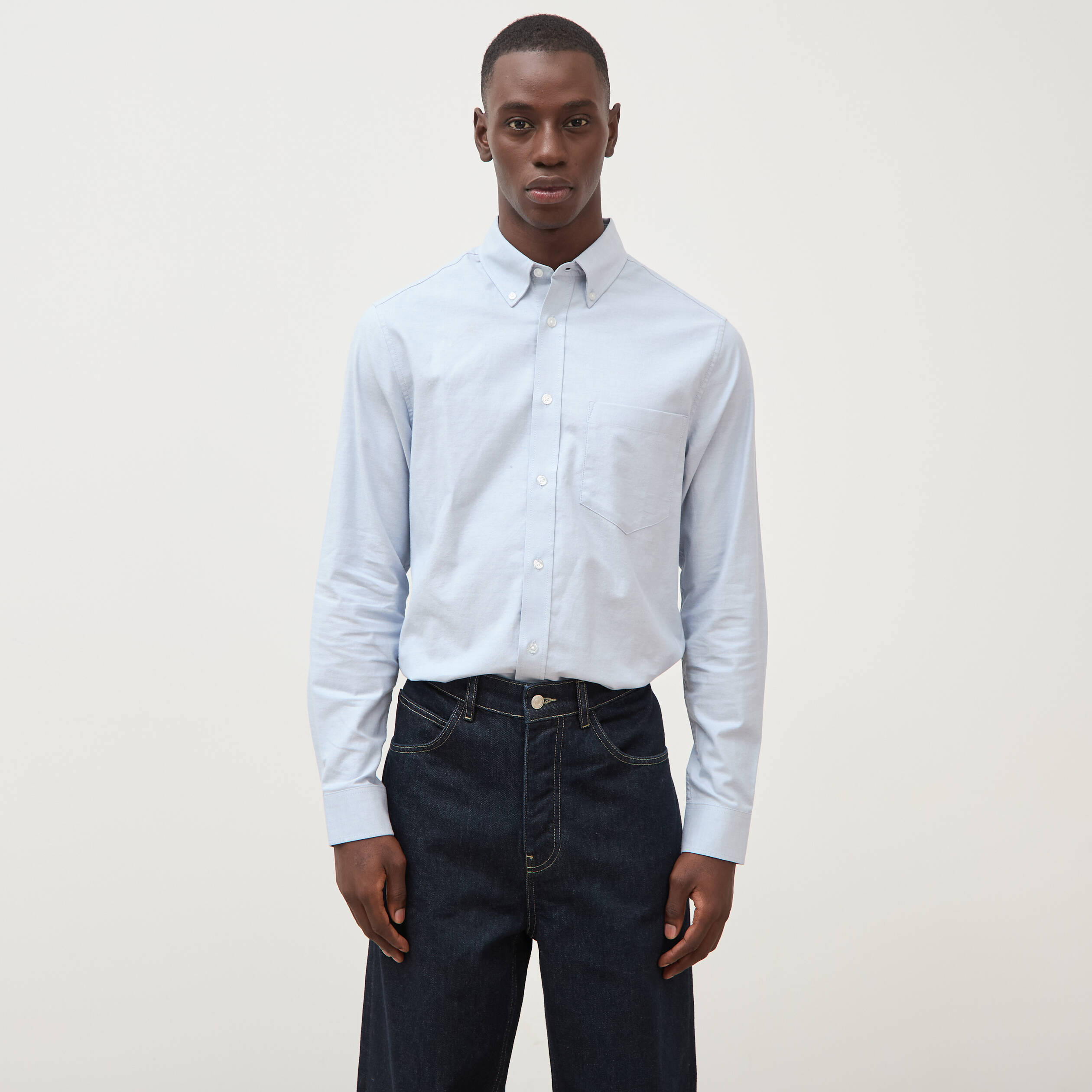 Chemise manches longues col am&eacute;ricain bleu gris homme