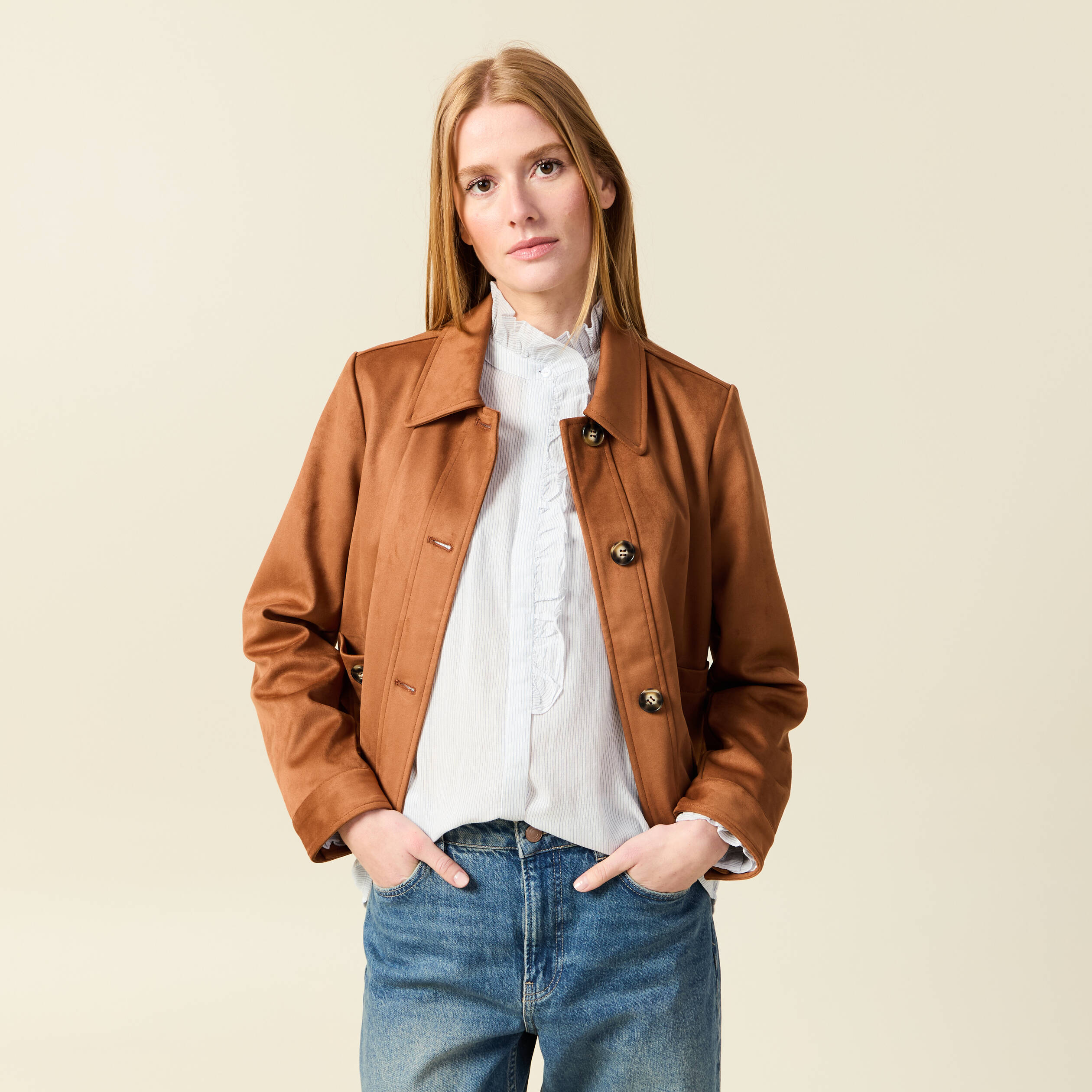 Veste manches longues col classique camel femme