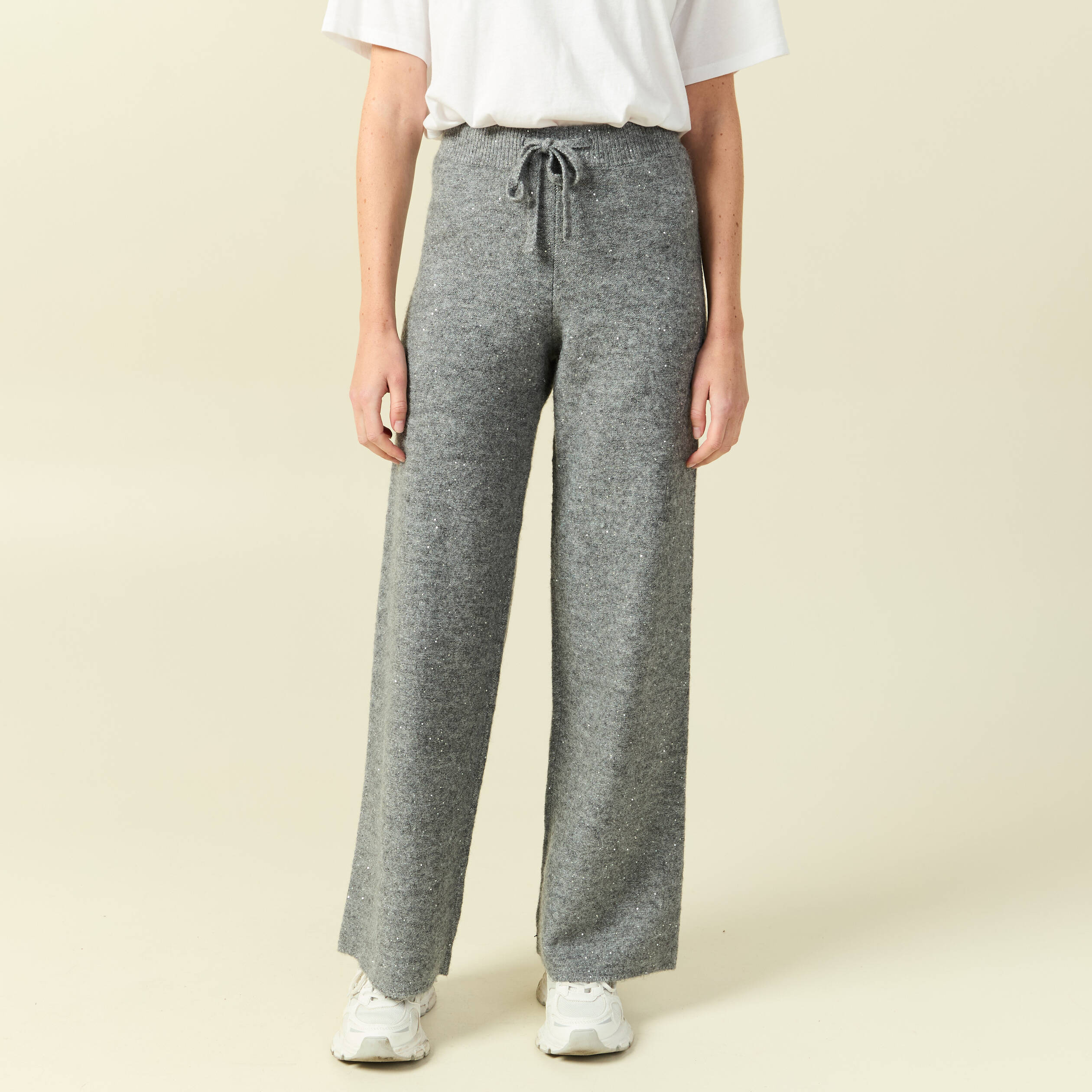 Pantalon large taille haute en maille gris femme