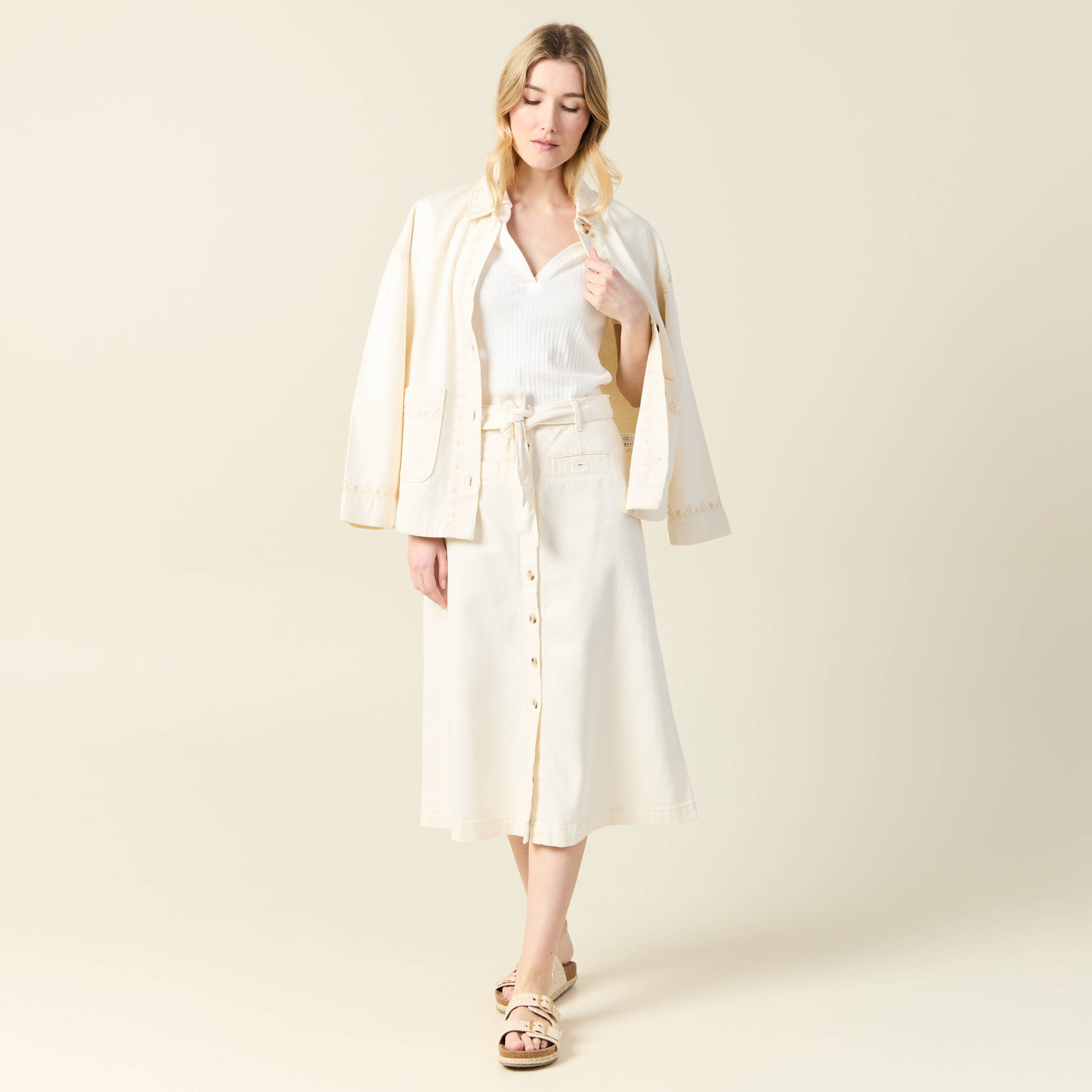 jupe midi trapeze denim blanc femme Jupe midi trapèze denim blanc femme
