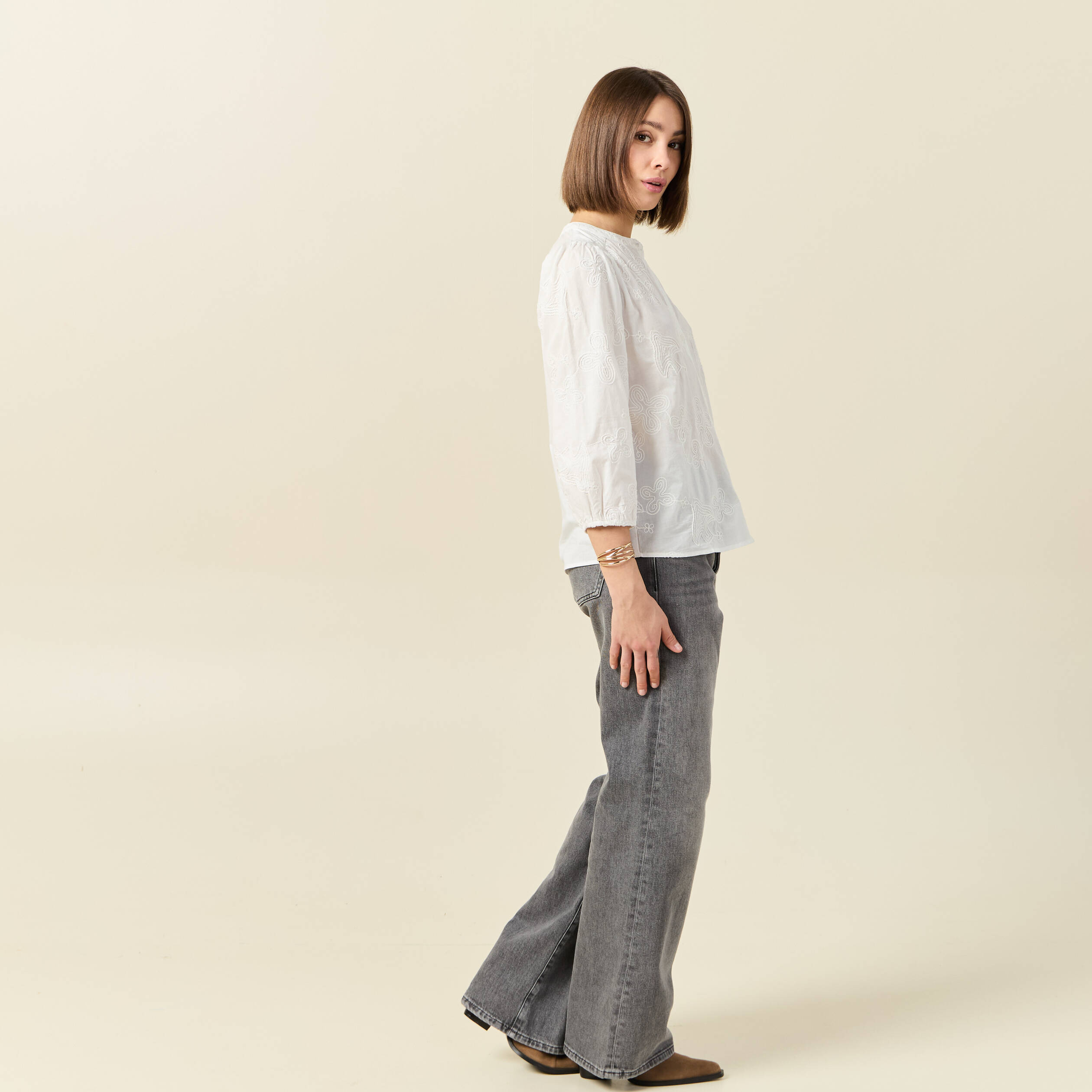 chemise manches 34 brodee ecru femme Chemise manches 3/4 brodée ecru femme