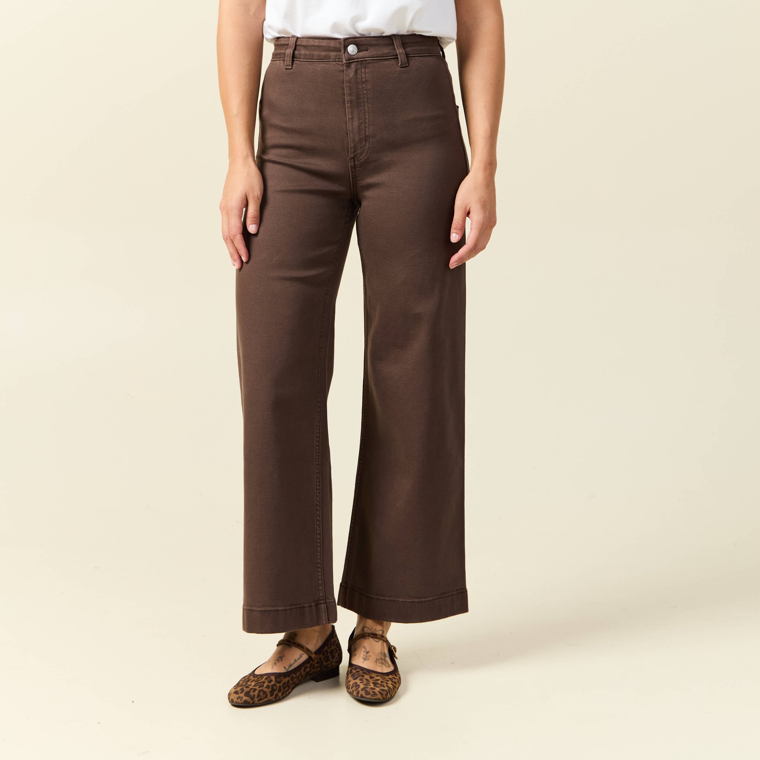 Jeans large cropped taille haute marron femme