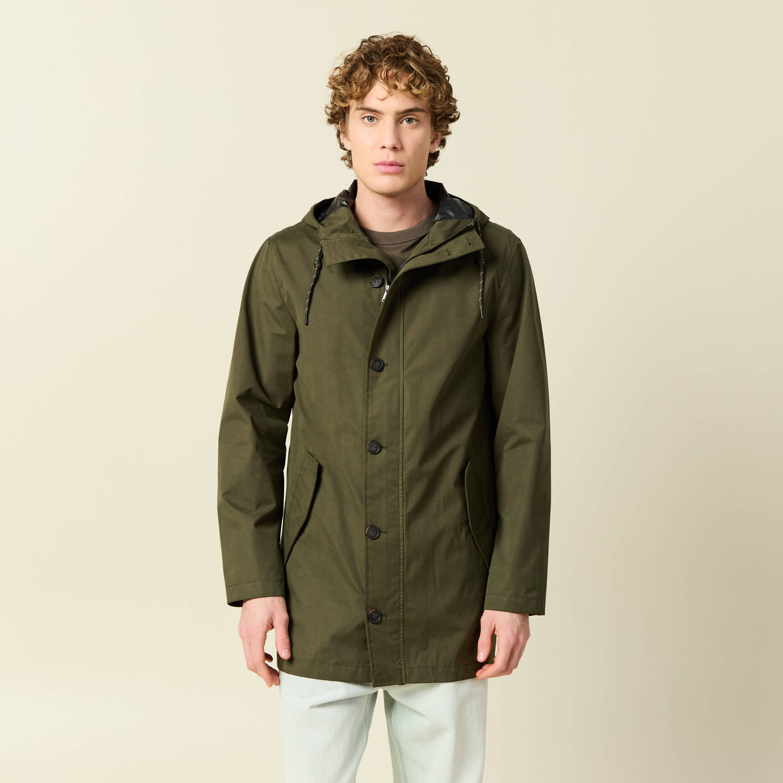 Parka d&eacute;perlante droite mi-longue vert kaki homme