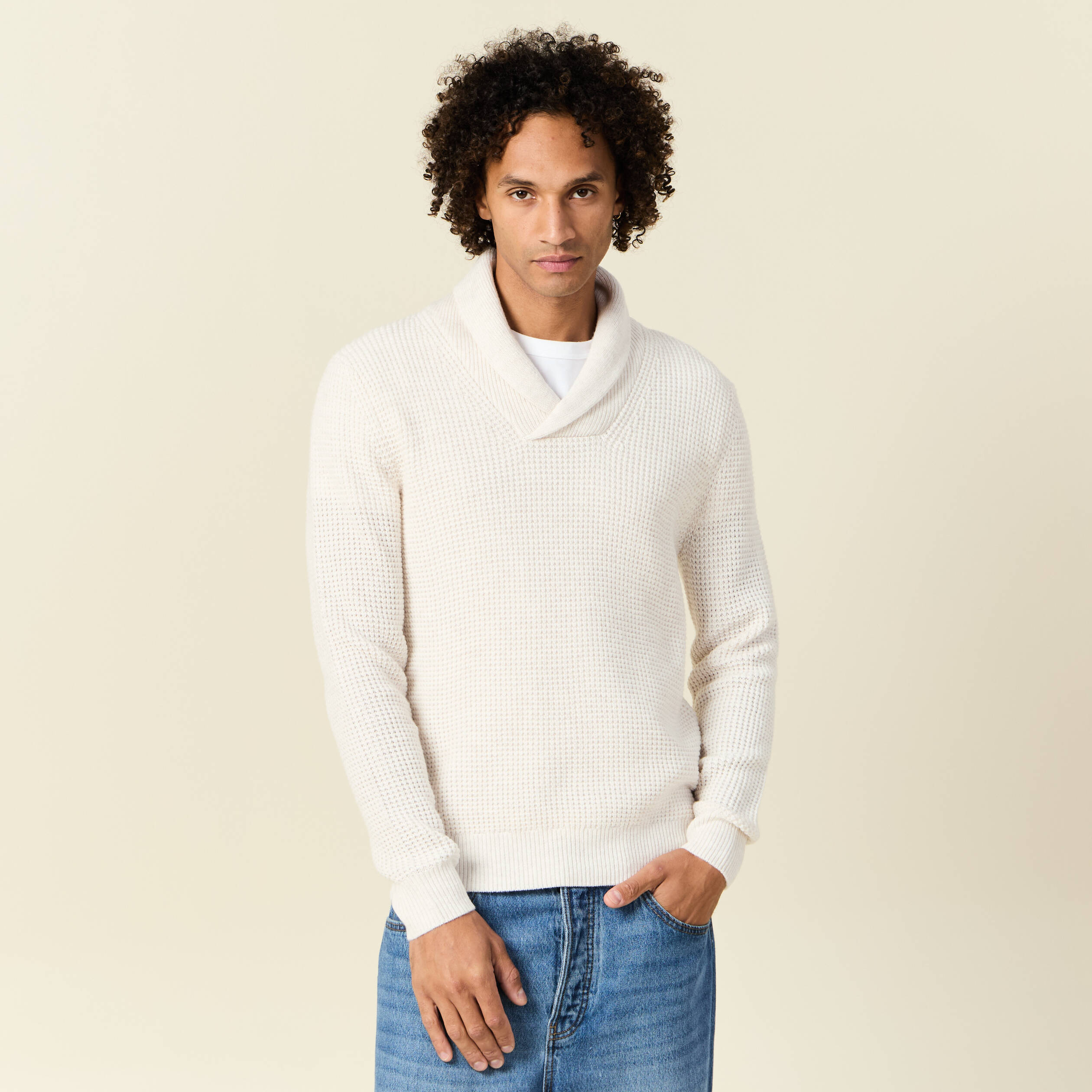 Pull manches longues col ch&acirc;le ecru homme
