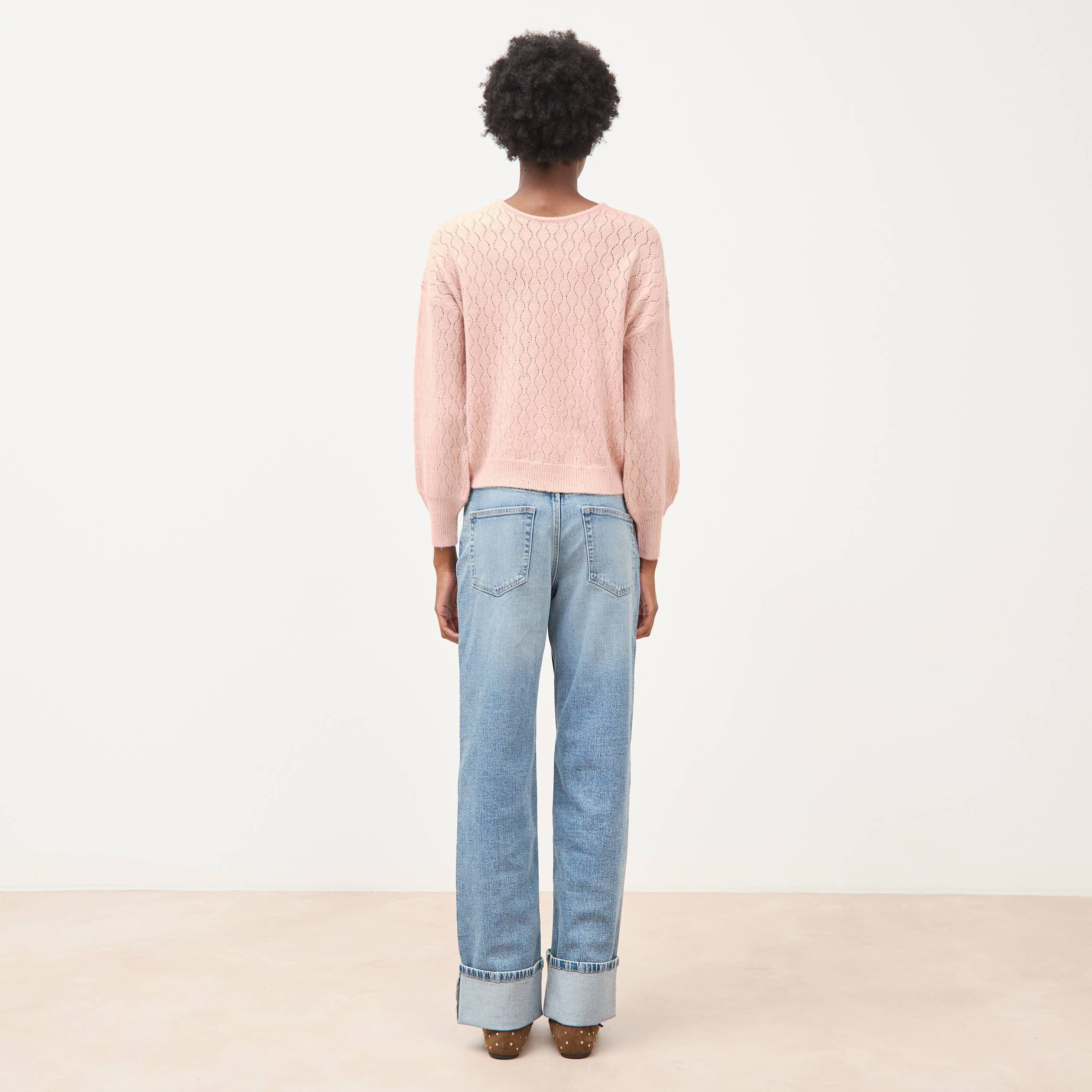 Pull oversize col v manches longues rose pastel femme