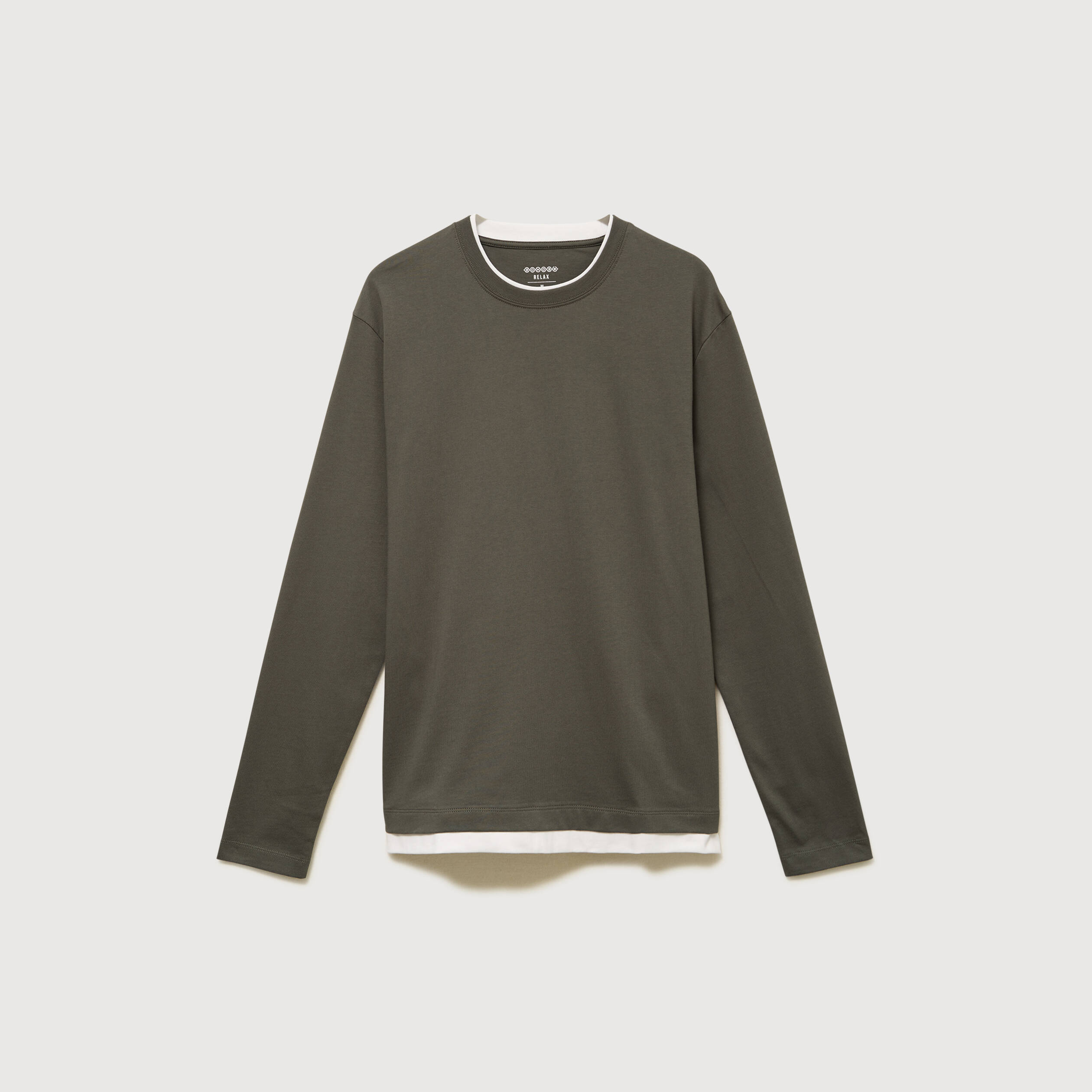 T-shirt droit col rond manches longues vert fonc&eacute; homme