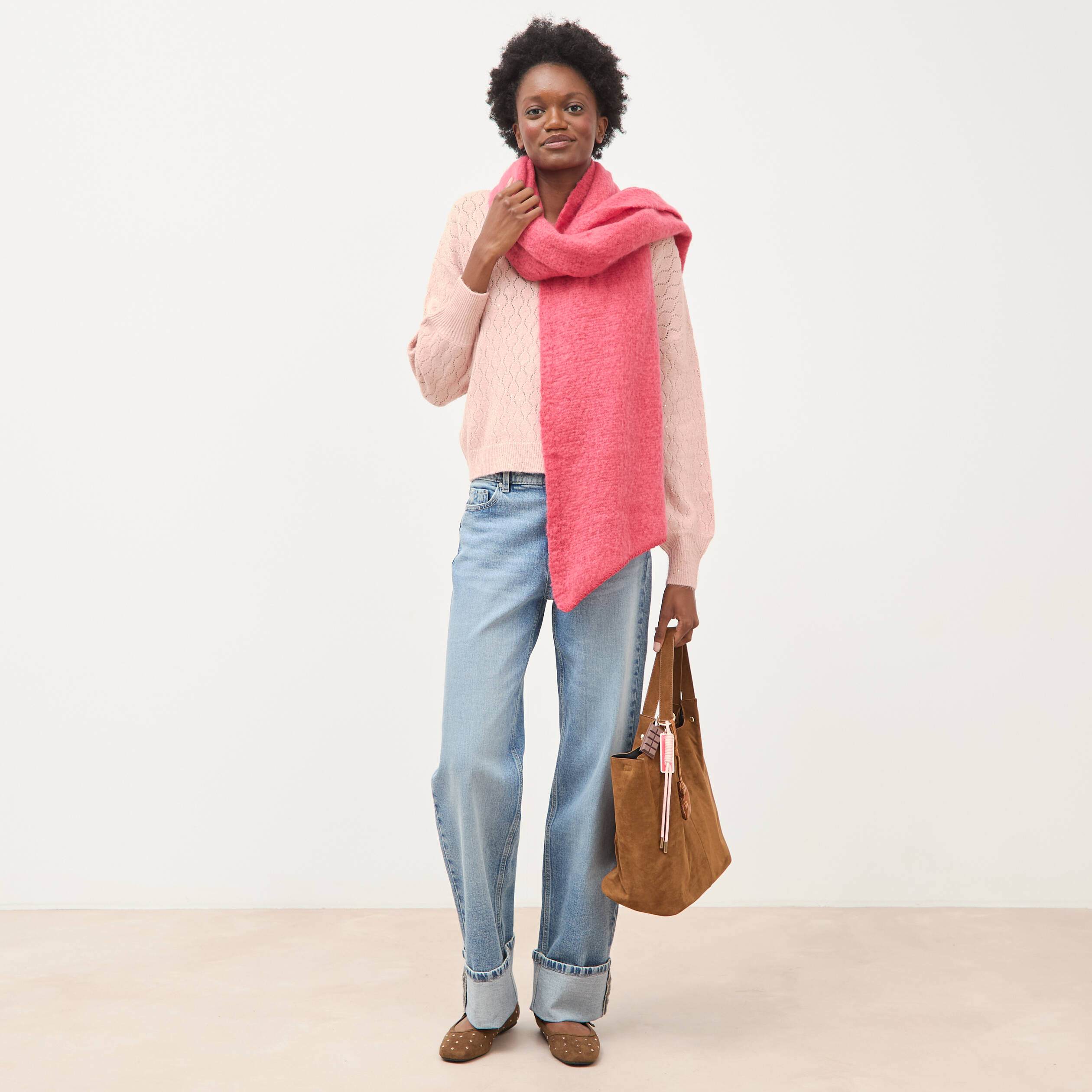Pull oversize col v manches longues rose pastel femme