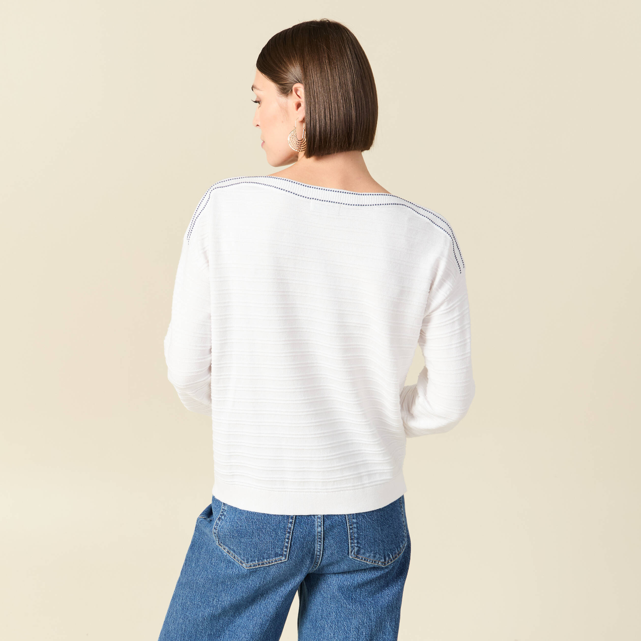Pull col bateau manches longues en coton blanc femme