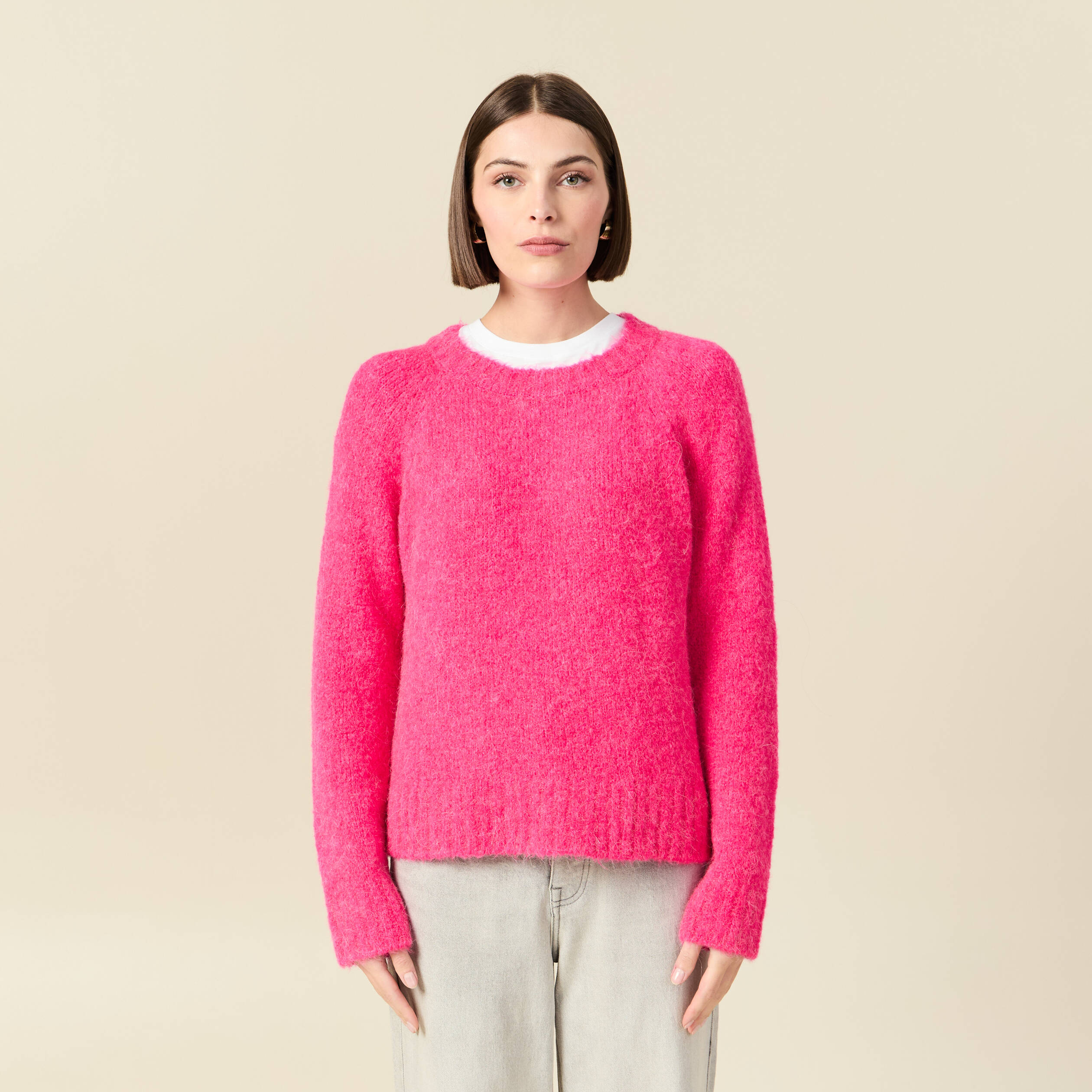 Pull manches longues col rond rose femme
