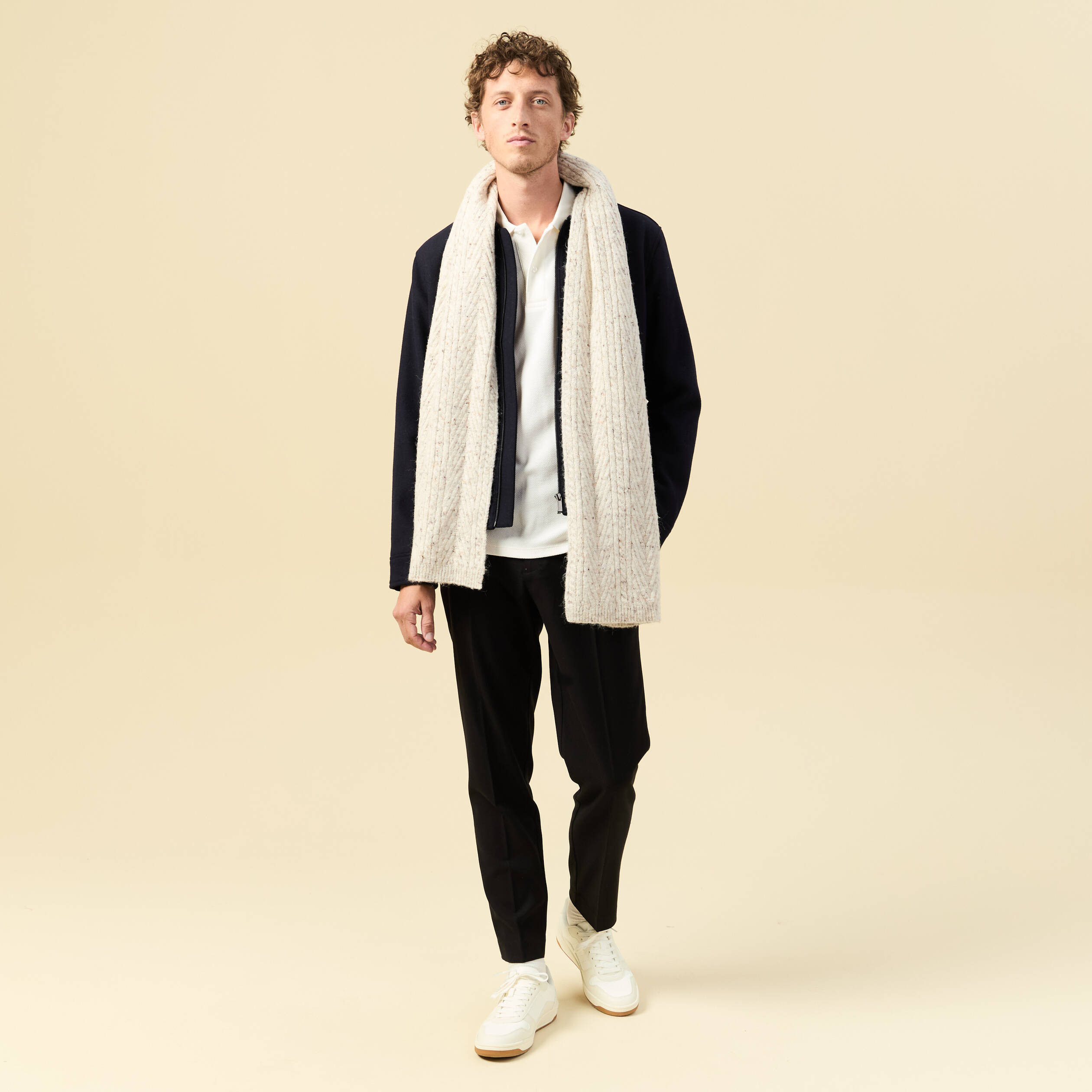 Polo manches longues en coton ecru homme