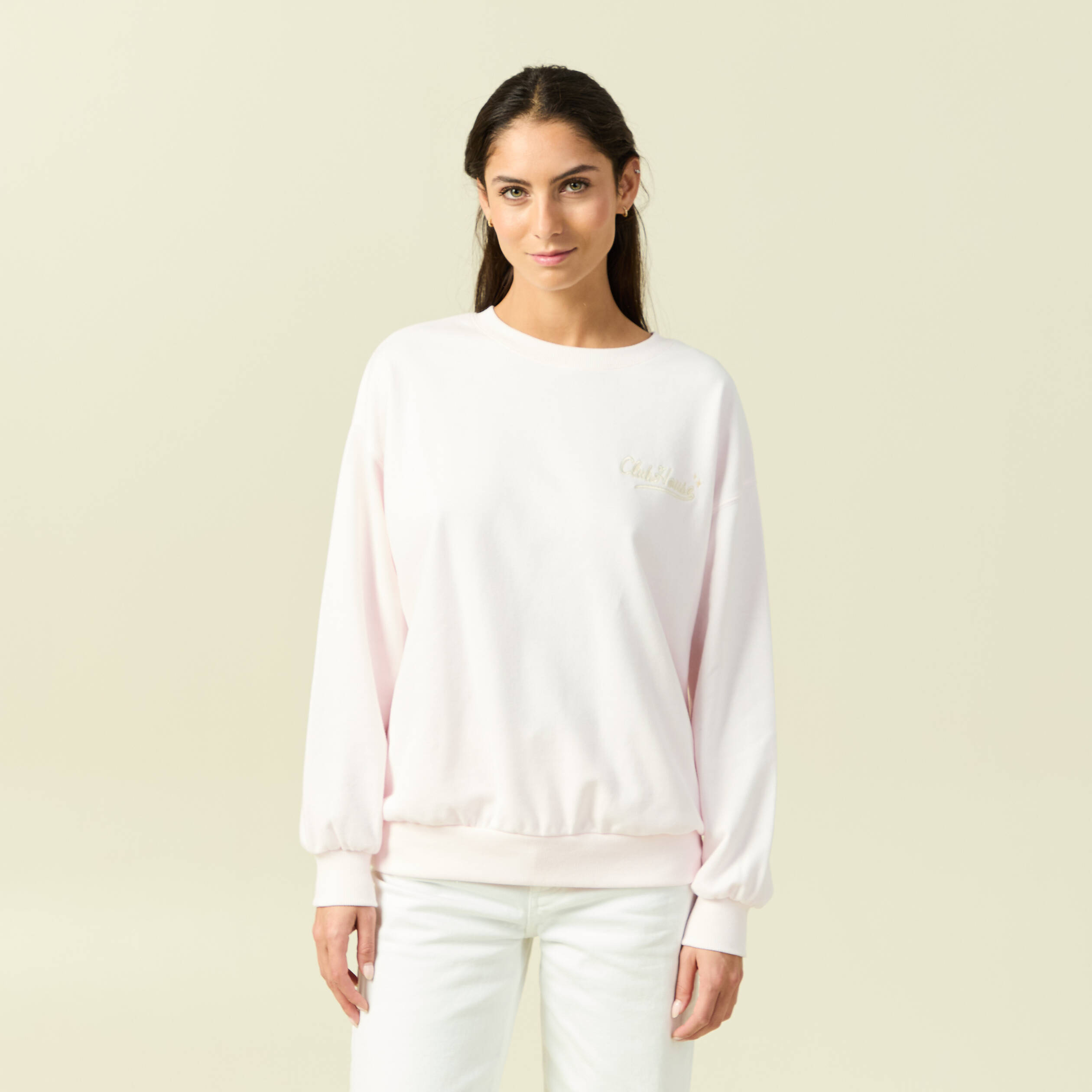 Sweat oversize manches longues brod&eacute; rose poudr&eacute;e femme