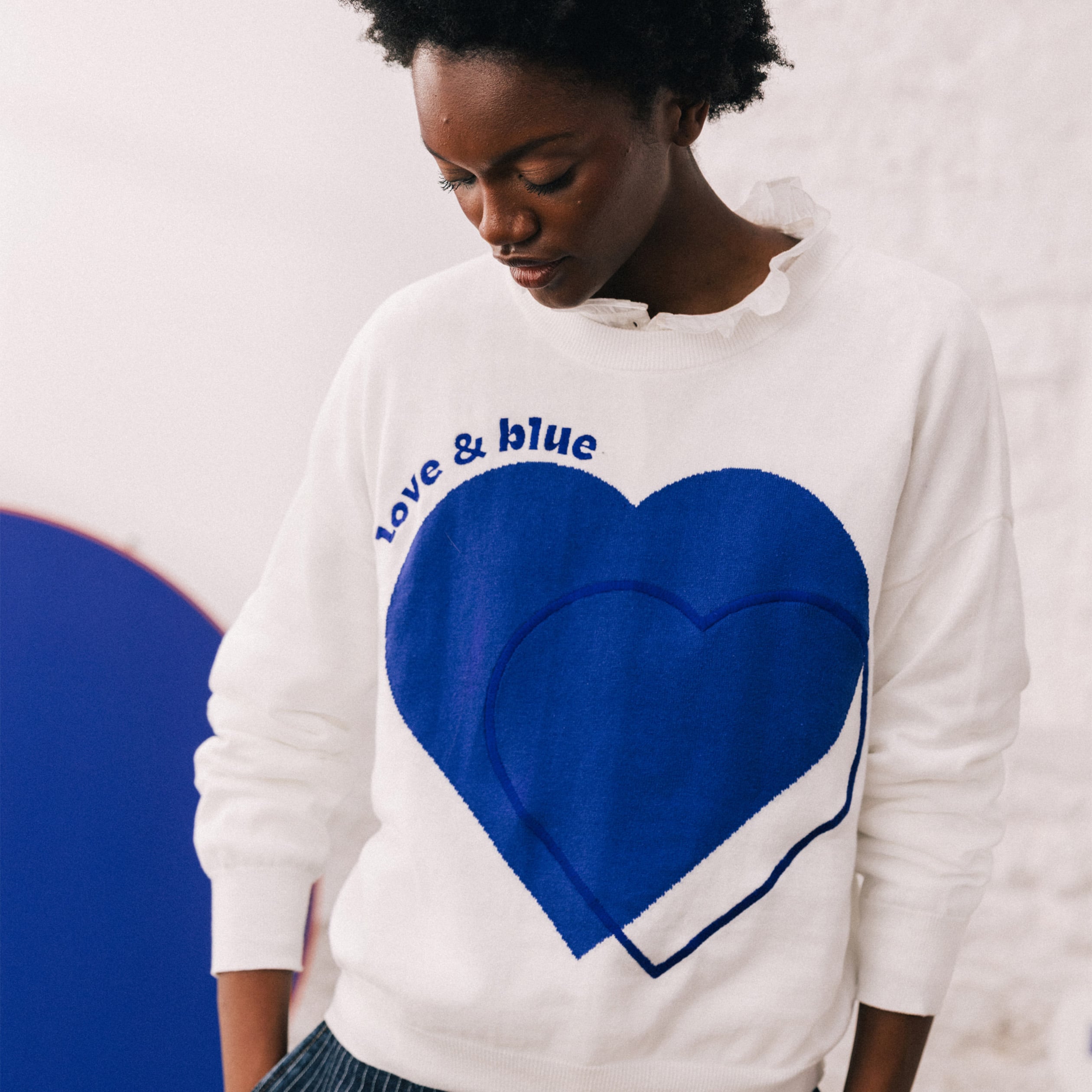 Pull oversize col rond manches longues ecru femme