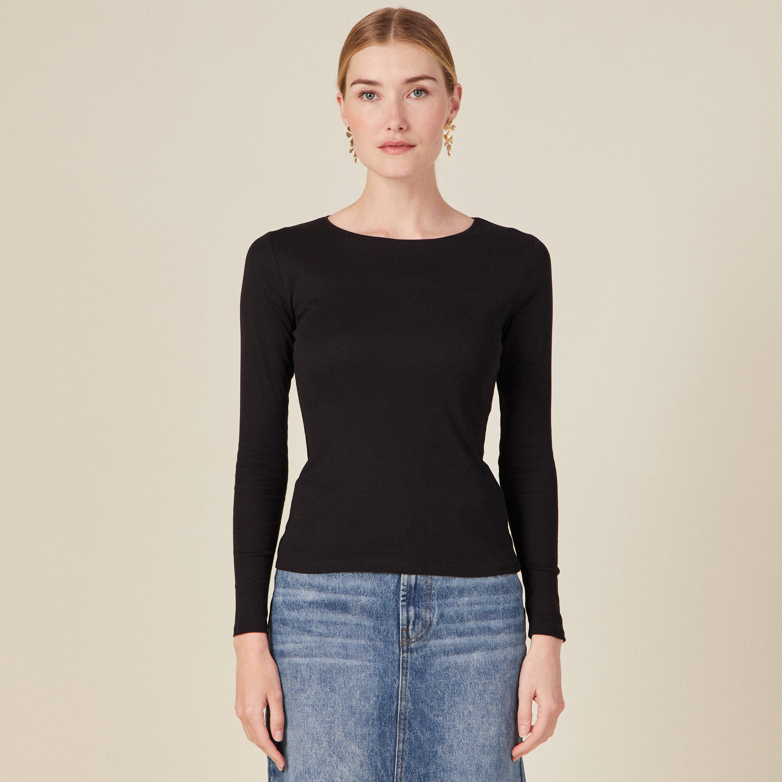 T-shirt cintr&eacute; manches longues col rond noir femme
