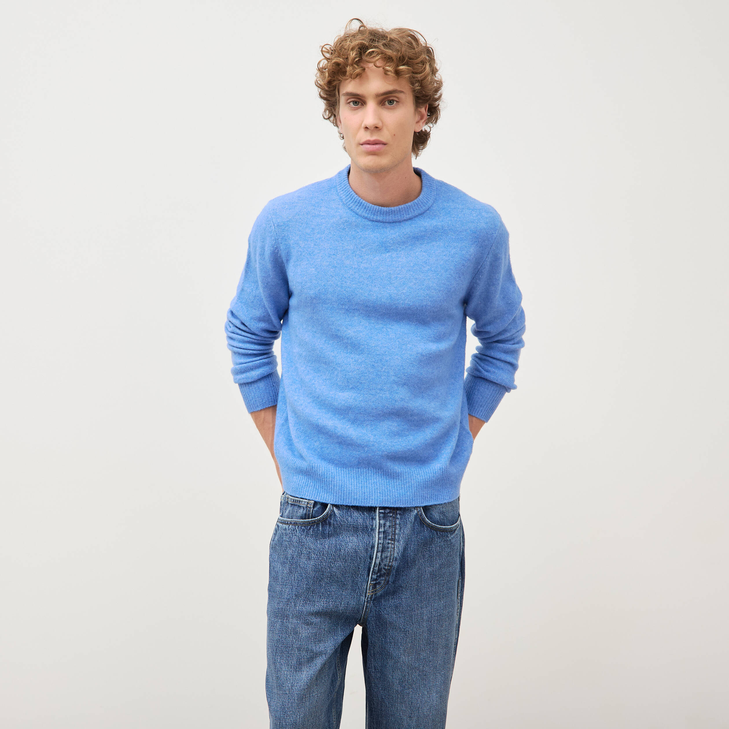 Pull manches longues col rond bleu violet homme