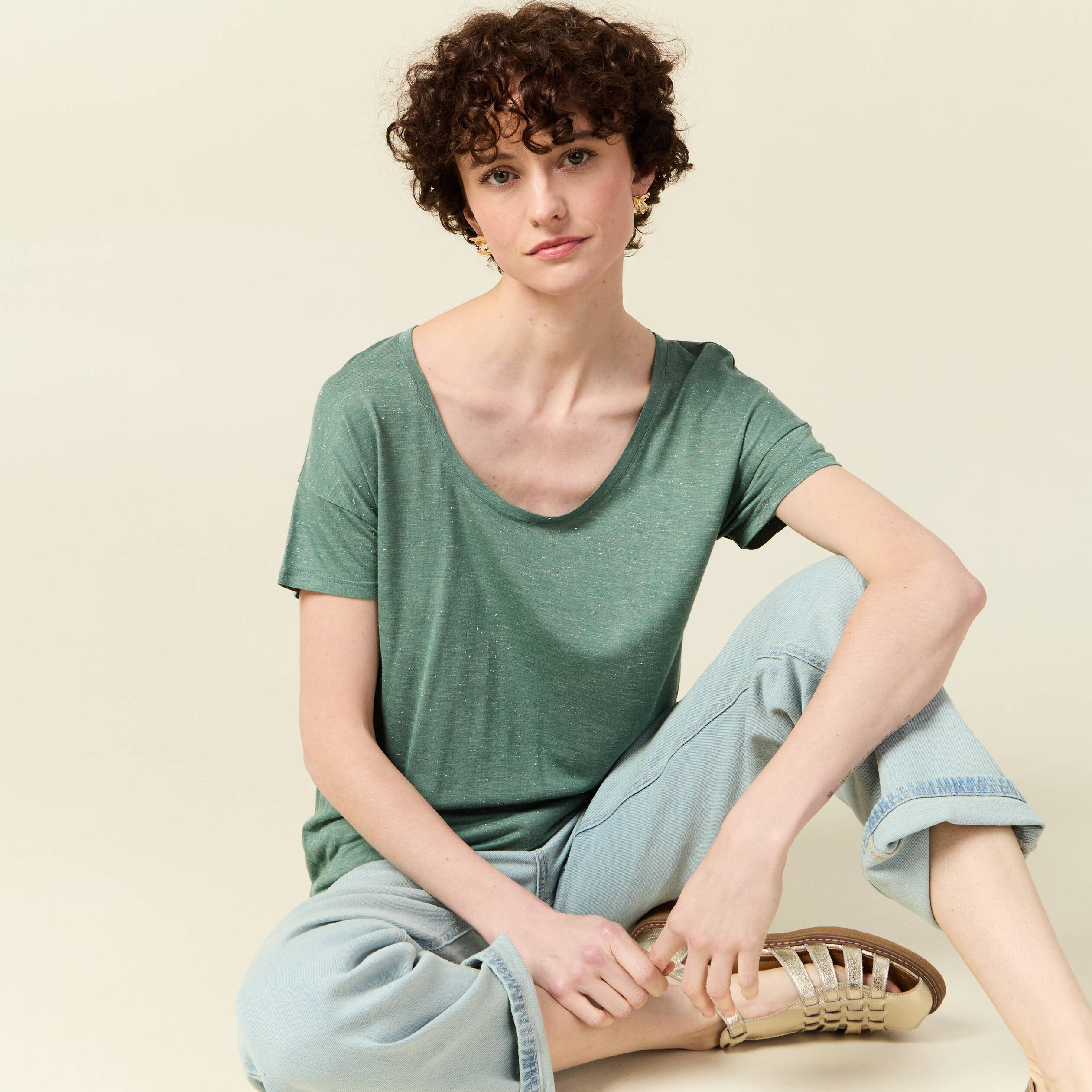 t shirt manches courtes brillant vert fonce femme T-shirt manches courtes brillant vert foncé femme
