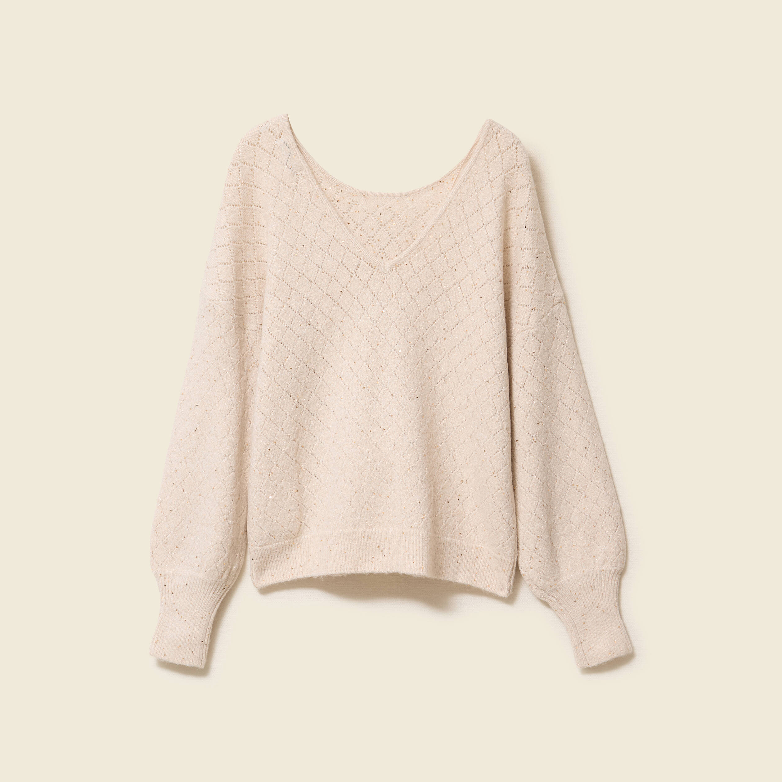 Pull ajouré col V manches longues creme femme