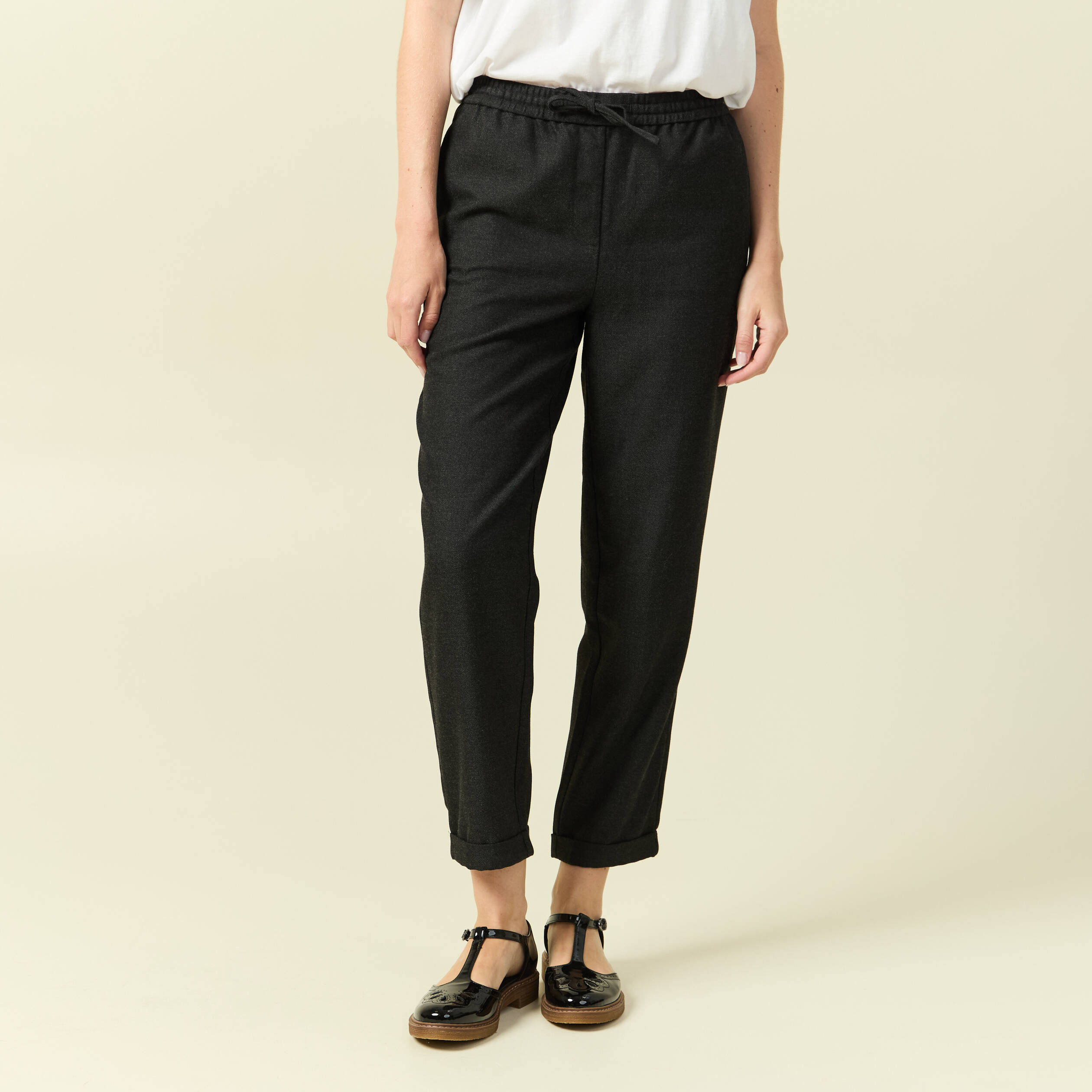 Pantalon taille haute en jeans gris fonc&eacute; femme