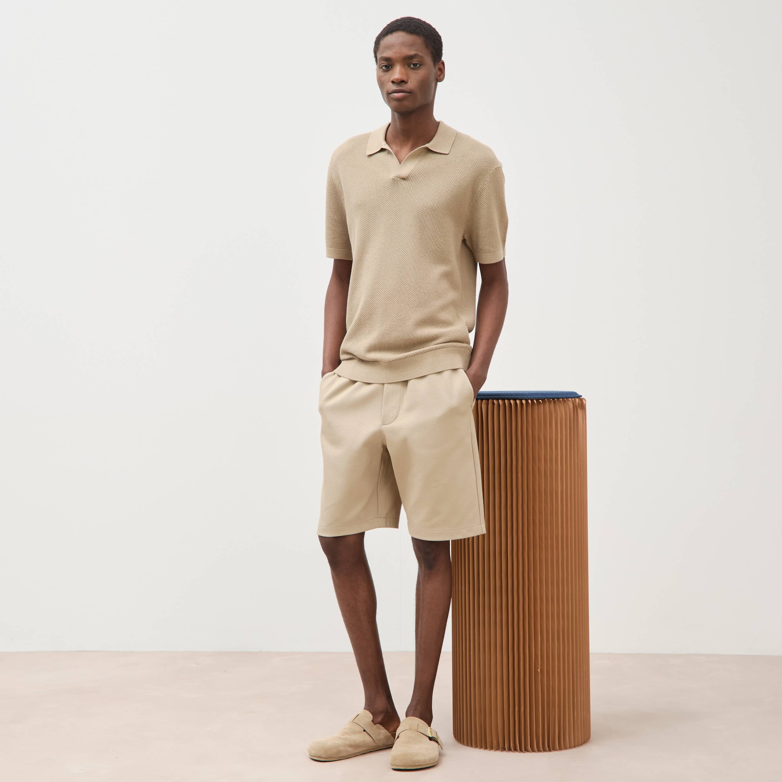 Bermuda droit &eacute;lastiqu&eacute; beige homme