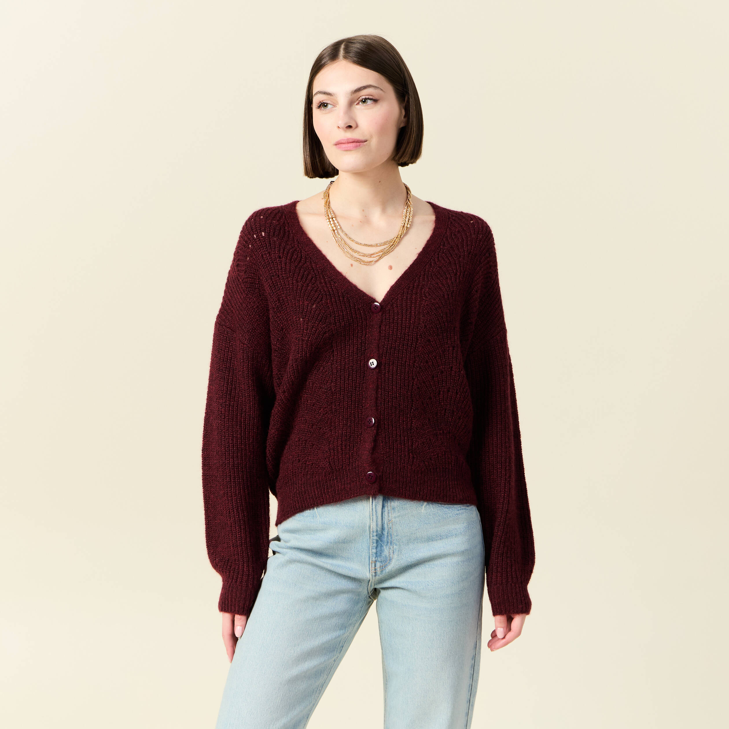 gilet ajoure col v manches longues bordeaux femme Gilet ajouré col V manches longues bordeaux femme