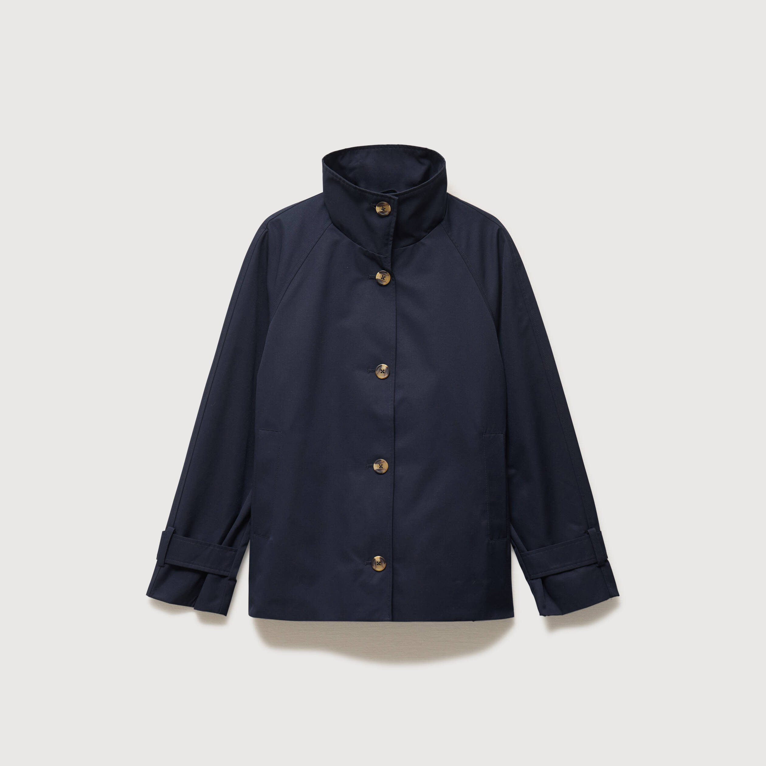 Trench droit court col montant bleu fonc&eacute; femme
