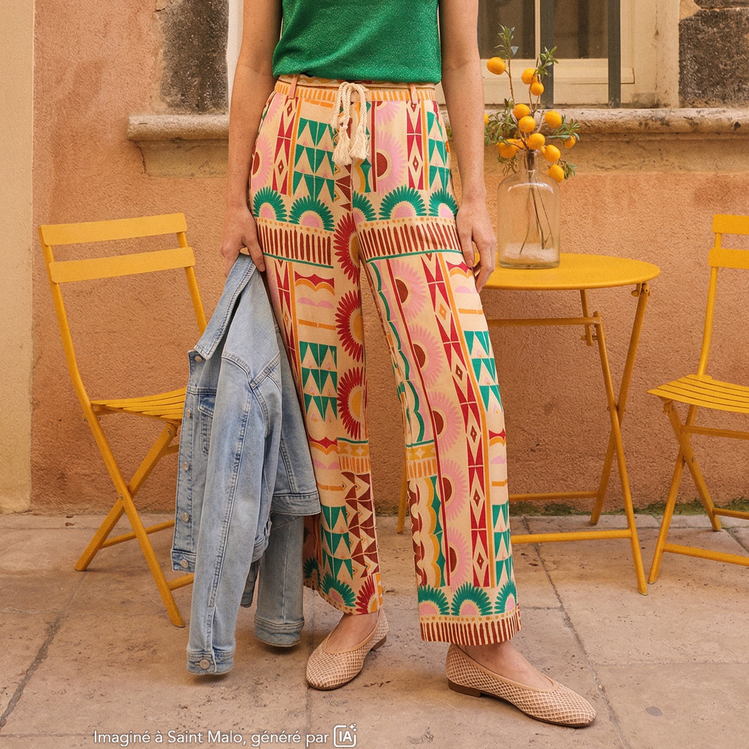 Pantalon loose taille haute multicolore femme