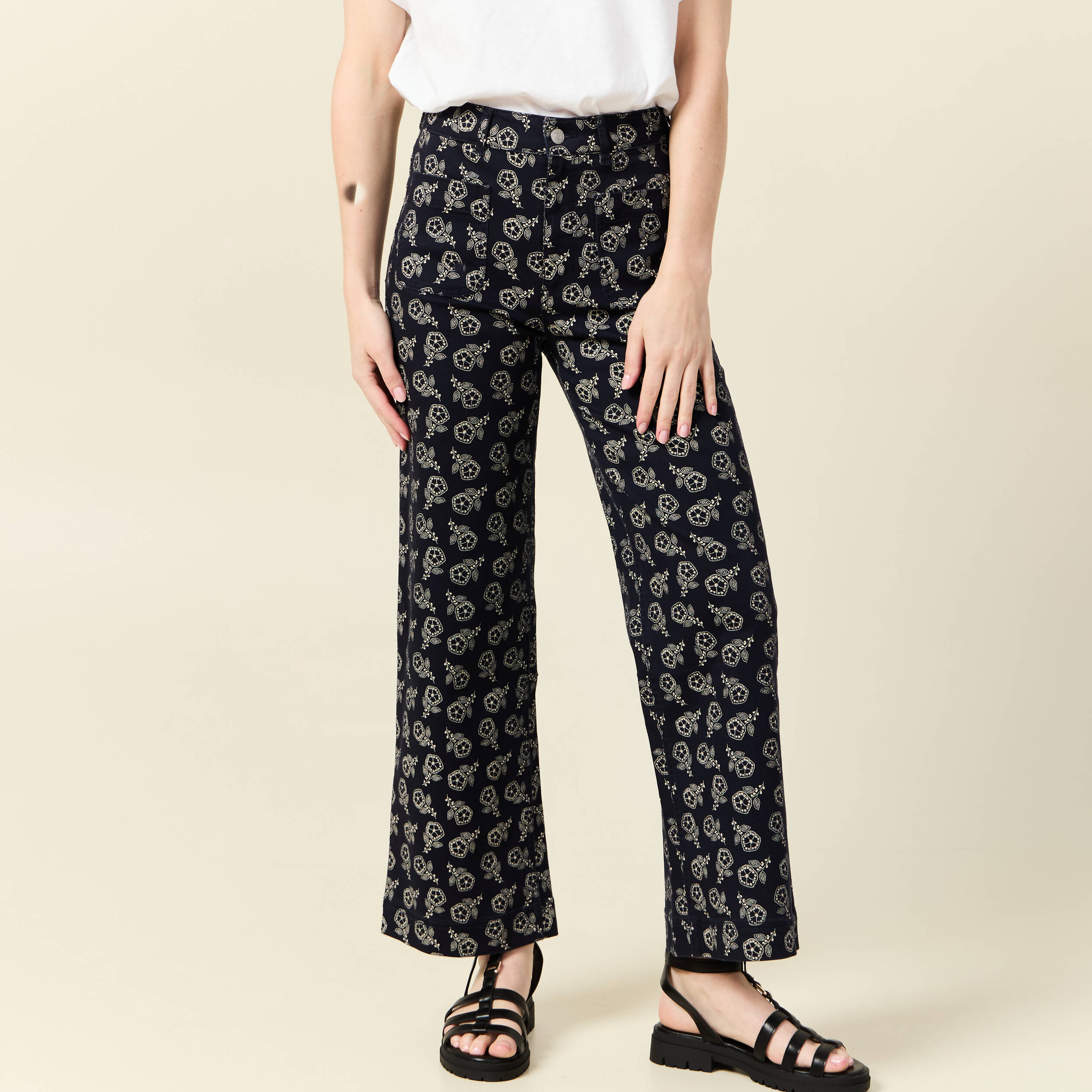 pantalon large cropped taille haute bleu marine femme Pantalon large cropped taille haute bleu marine femme