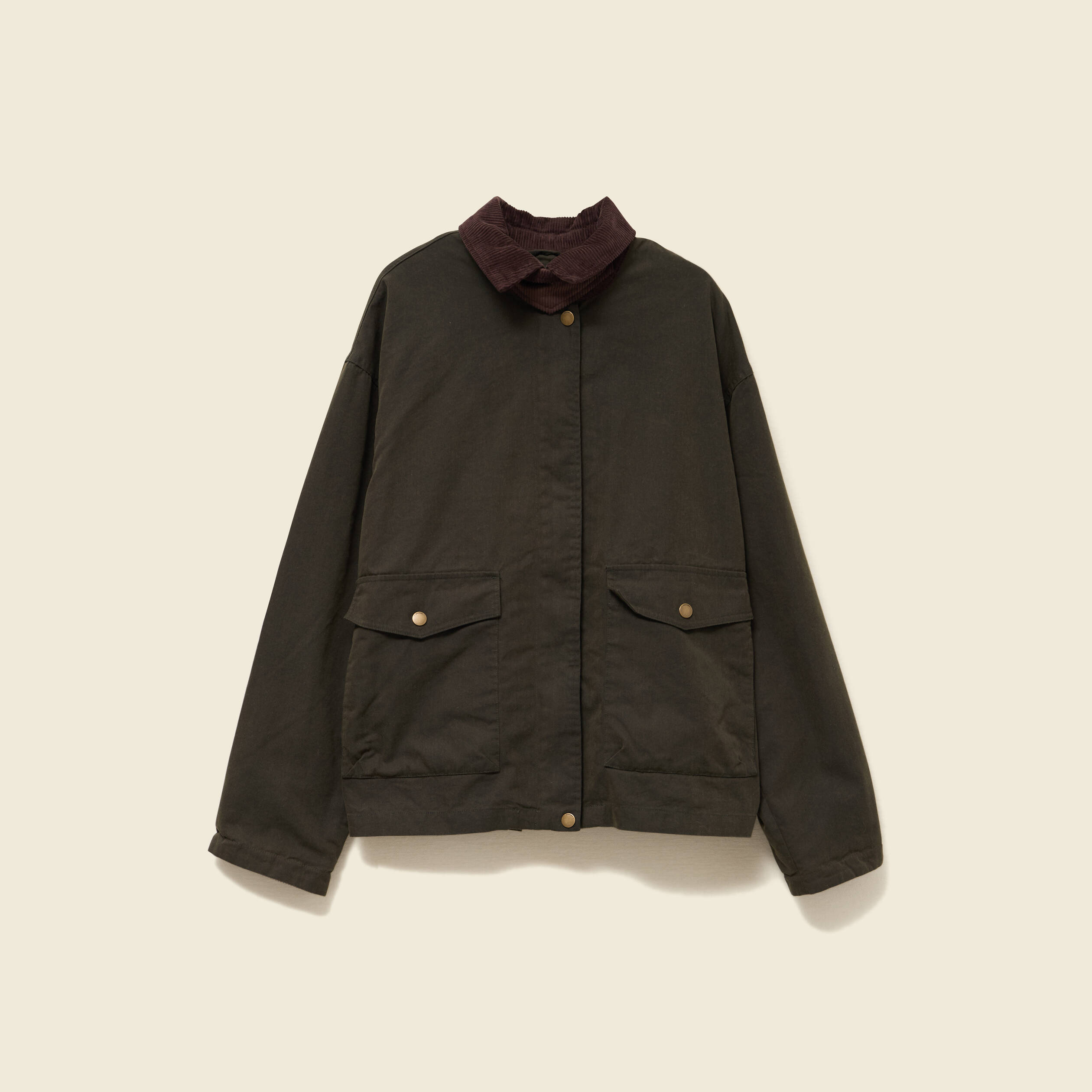 Parka oversize courte col classique vert kaki femme