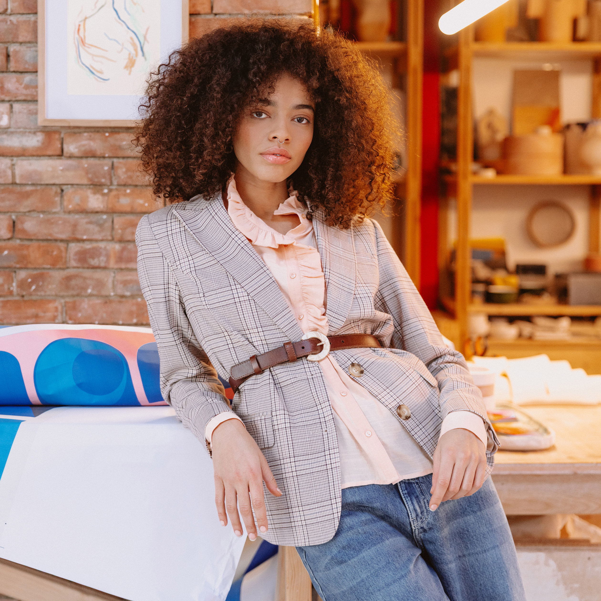 Blazer ajust&eacute; manches longues doubl&eacute; beige femme