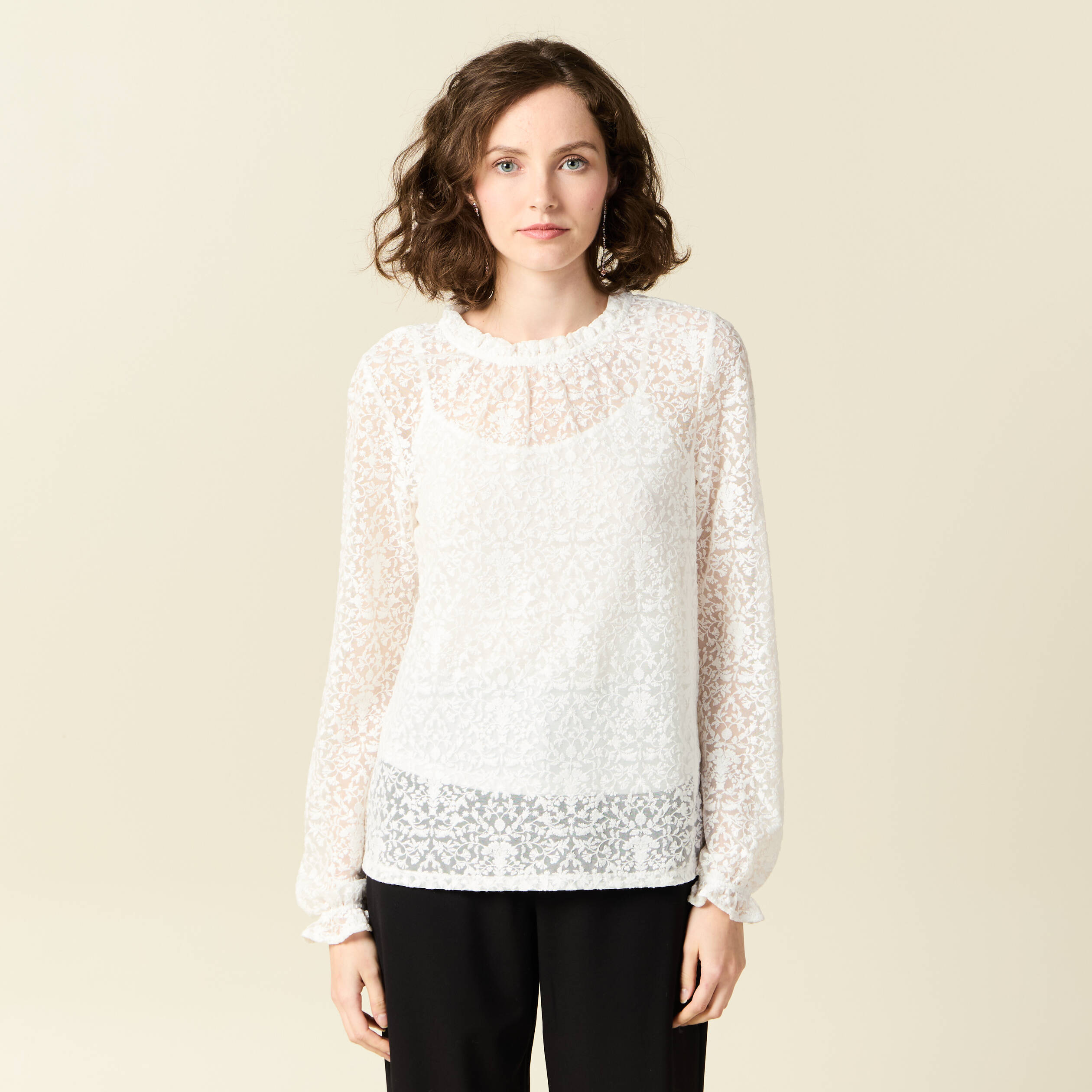 t shirt manches longues broderie ecru femme T-shirt manches longues broderie ecru femme